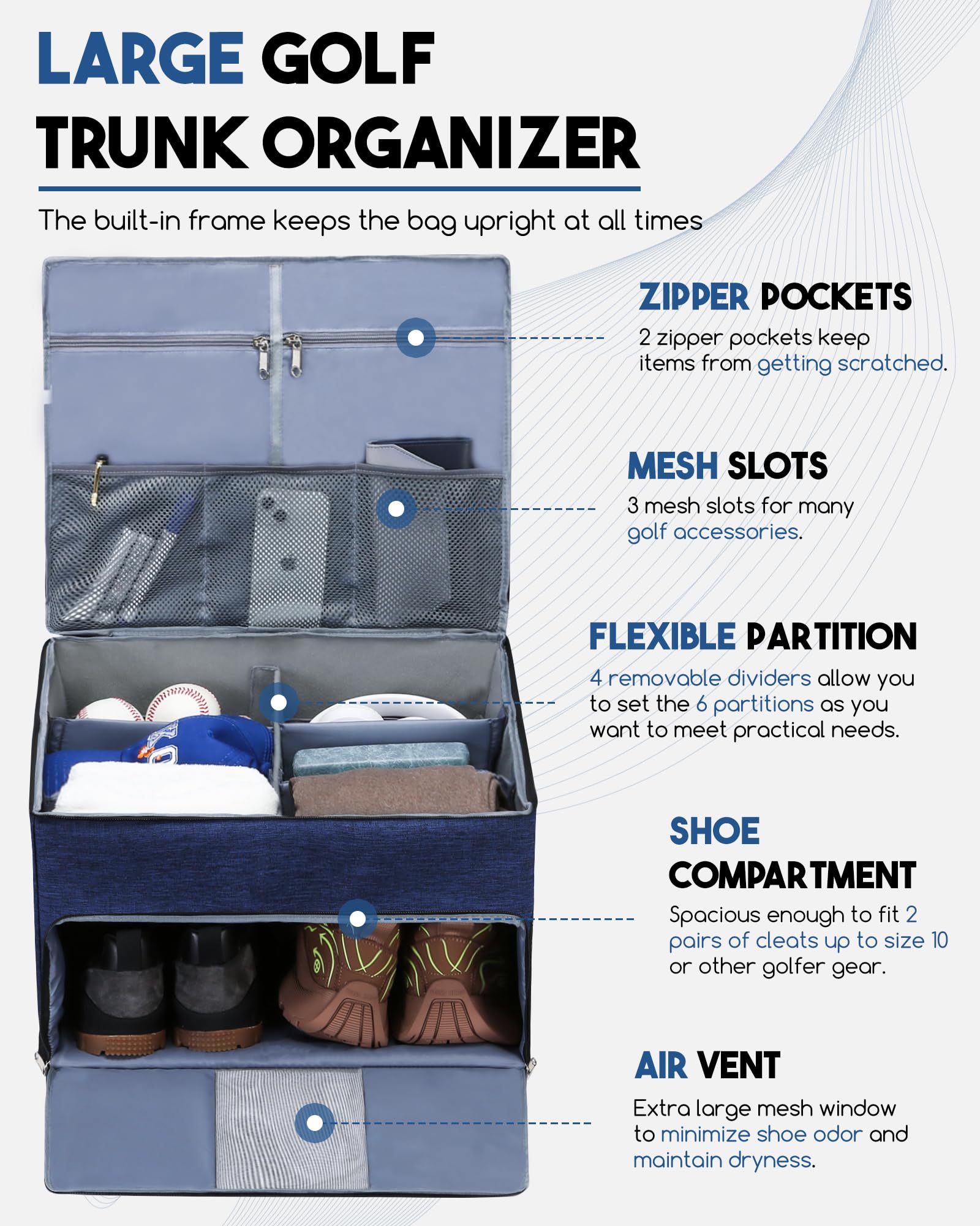 Organiseur de coffre de golf pour équipement de jeu de golf, boîte de rangement pour voiture, SUV, camion, accessoires de golf pour homme, sac de chaussures de golf, idée cadeau pour lui, papa, oncle,