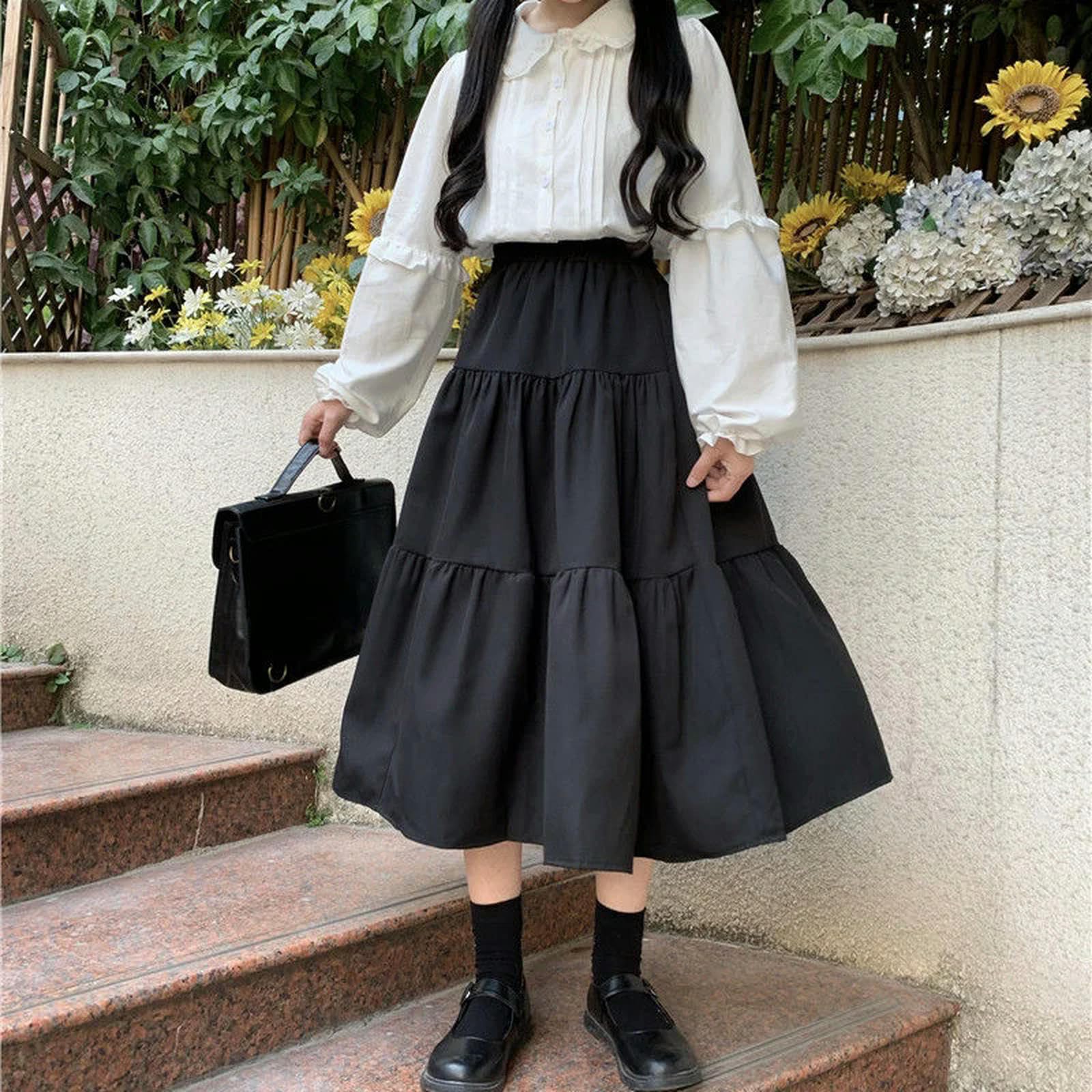 Falda Larga Negra para Mujer, Bonita Falda de Retazos, Cintura Alta, Suelta, Informal, Suave, para niña, Color Negro, L
