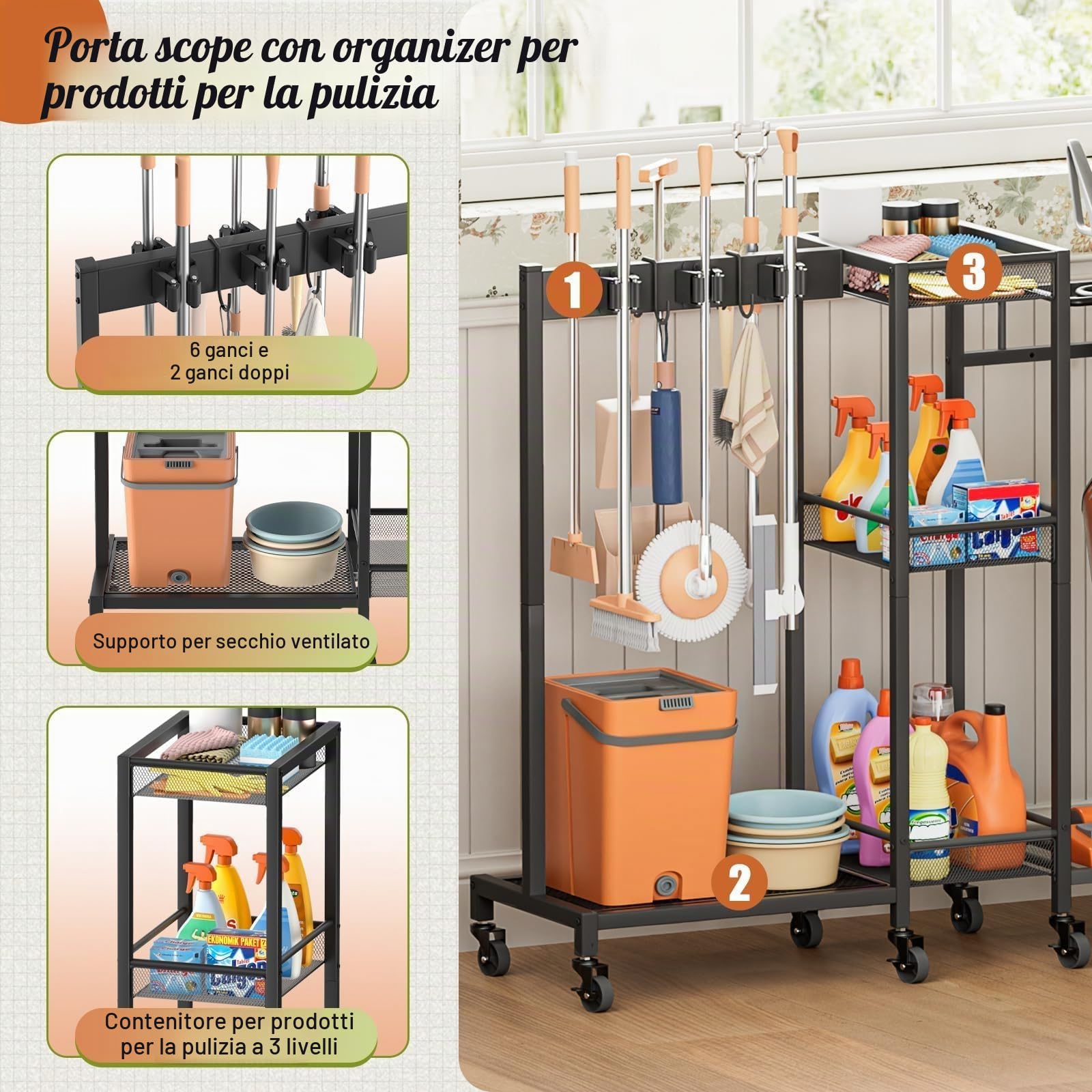 Bikoney Portascope e Organizer Prodotti Pulizia, Carrello Pulizie con Ruote e Armadietto, Mobile Porta Scope e Mocio con Supporto Aspirapolvere, Carrello Multiuso per Casa e Lavanderia