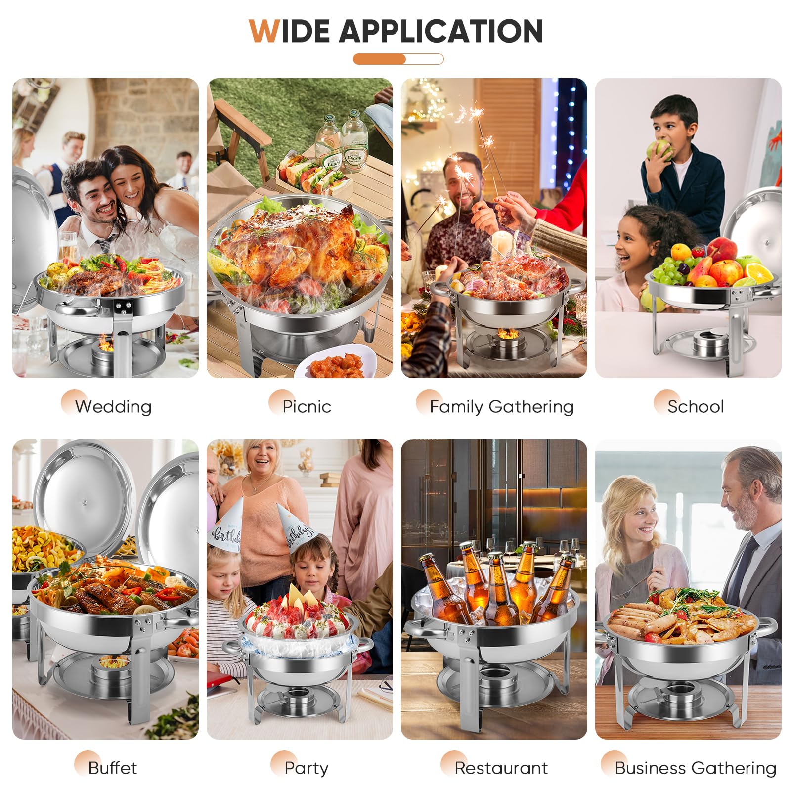 Juego de 4 platos de acero inoxidable con soporte para tapa, chafers redondos y calentadores de buffet para bodas, eventos, banquetes