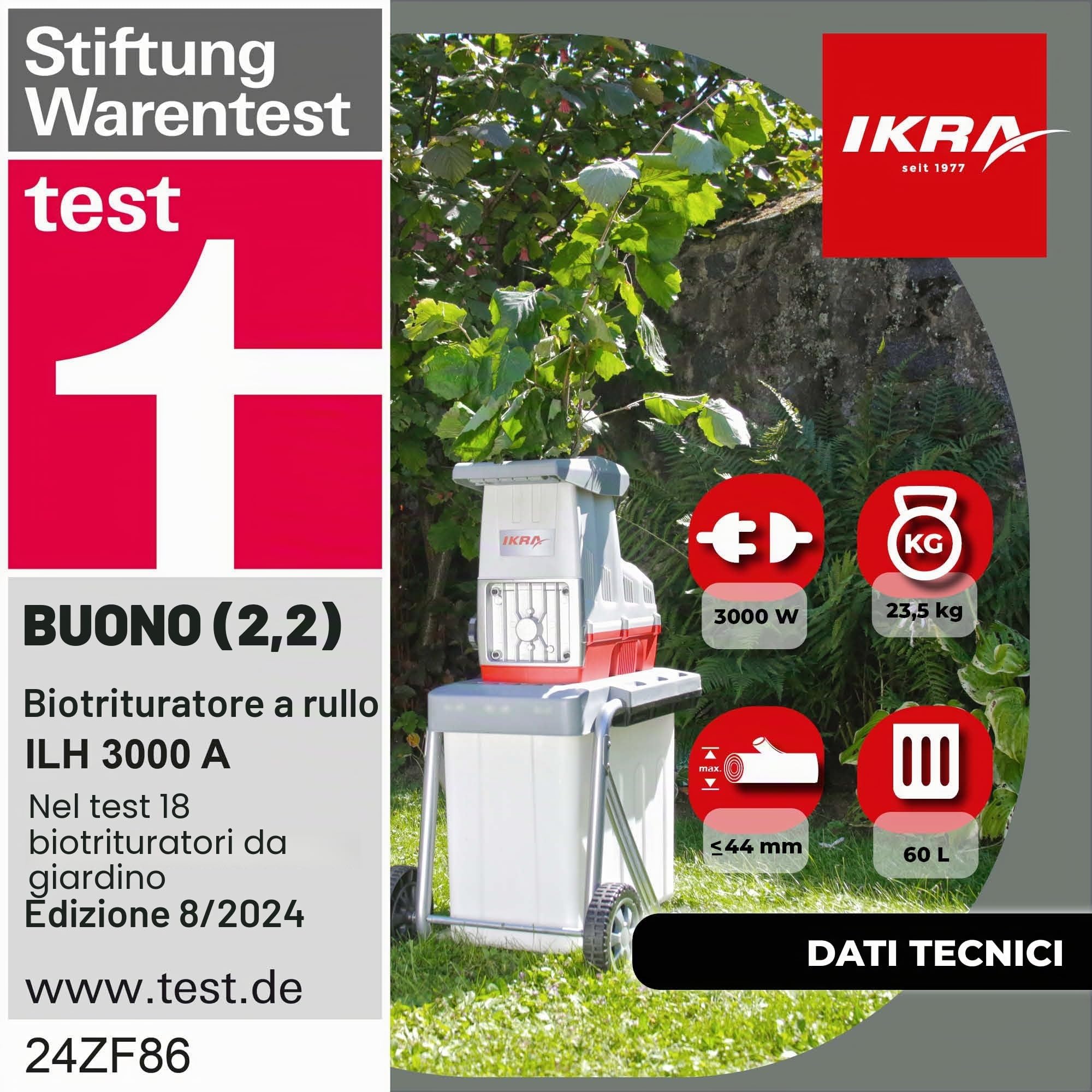 IKRA trituratore elettrico ILH 3000A, con occhiali protettivi inclusi | Motore ad alte prestazioni, silenzioso e robusto, 3000W, alimentazione automatica dei rami Ø 44 mm, retromarcia