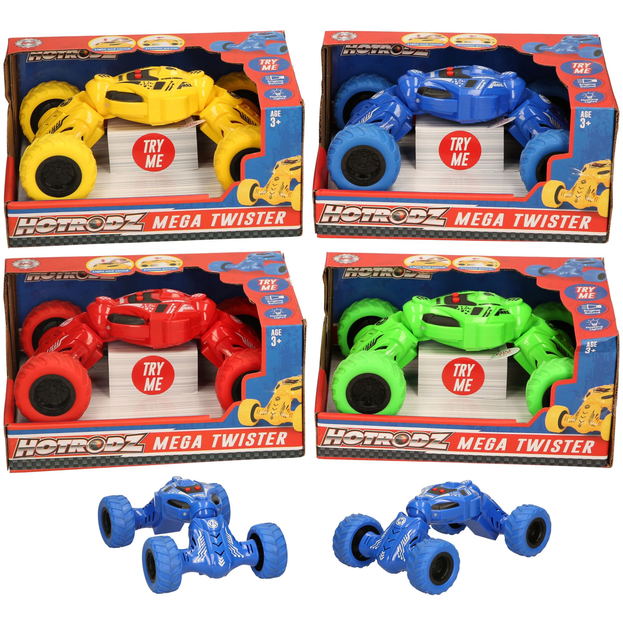 Hotrodz Mega Twister Toy Car, Transforming Vehicle with Try Me Feature, Ages 3+, Available in Blue, Yellow, Red, Green