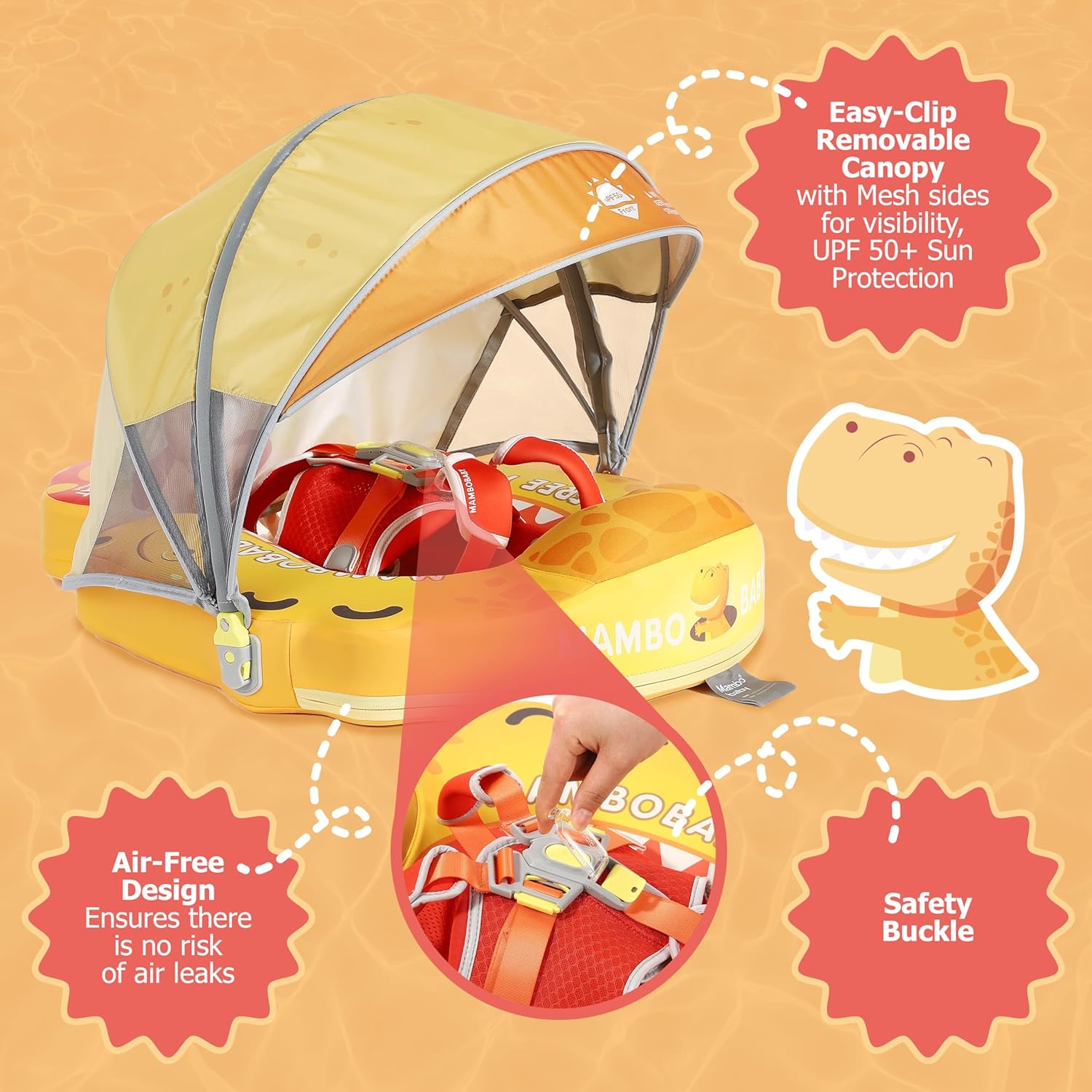 MAMBOBABYFLOAT Sunny Navigator Baby Pool Float with Canopy — Safe, Comfortable, Adjustable Axolotl Pool Float w/Sun Protection, Air-Free Foam Technology, 5-Way Buckle System