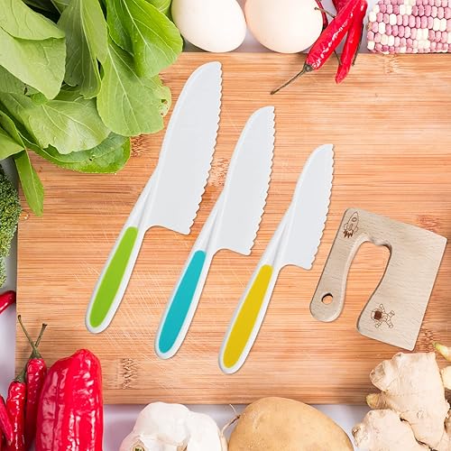 Miniatura 6 de Juego de 8 cuchillos de cocina de madera para niños para cocinar real, incluye 4 cuchillos de plástico seguros para niños pequeños, cortador