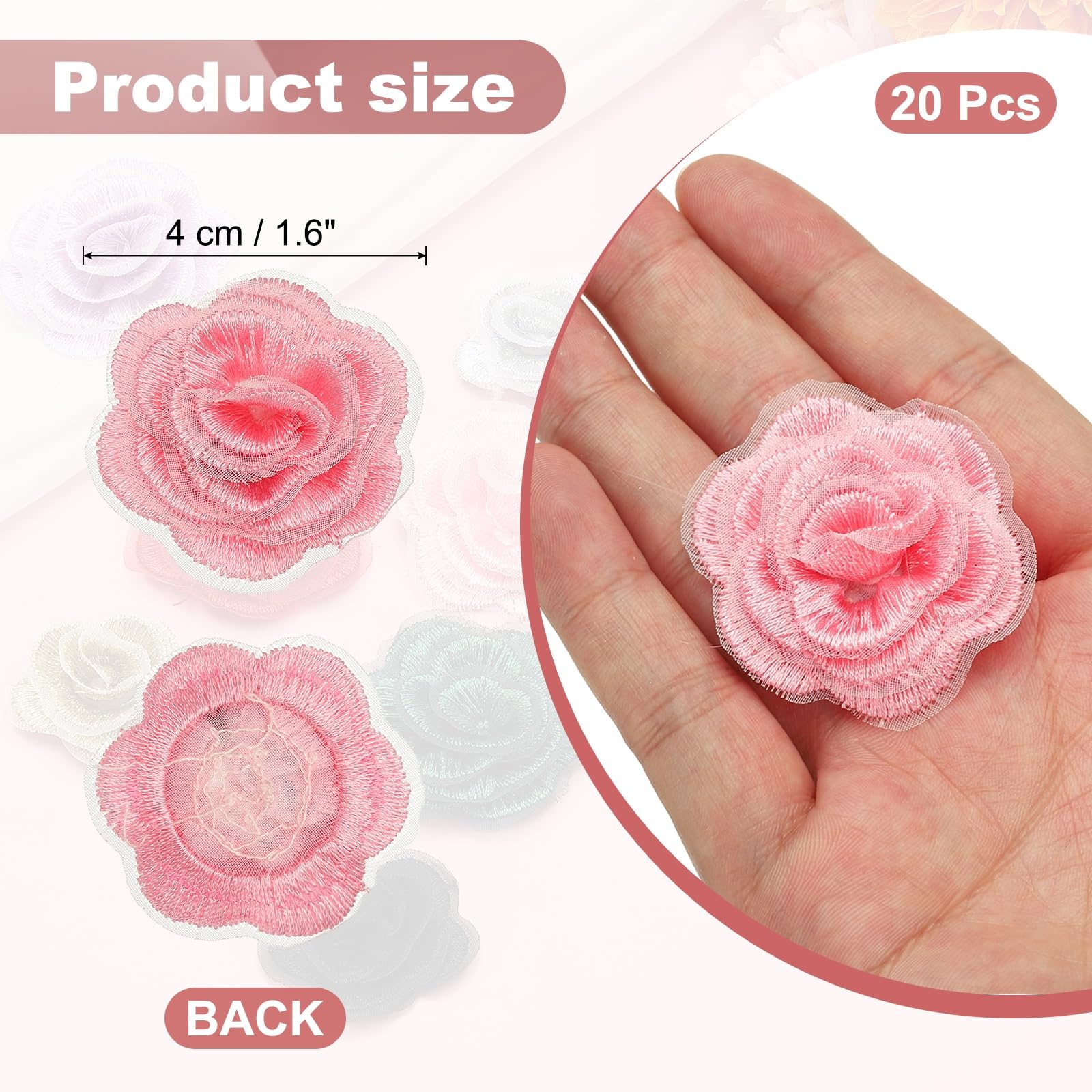 QUARKZMAN 20 Pcs Aplicaciones Florales, Aplicación Encaje Flores 3D Parche Para Coser Bordado Floral Para Ropa Vestidos Adornos Para El Cabello Costura DIY Manualidades, 4cm Rosa Profundo