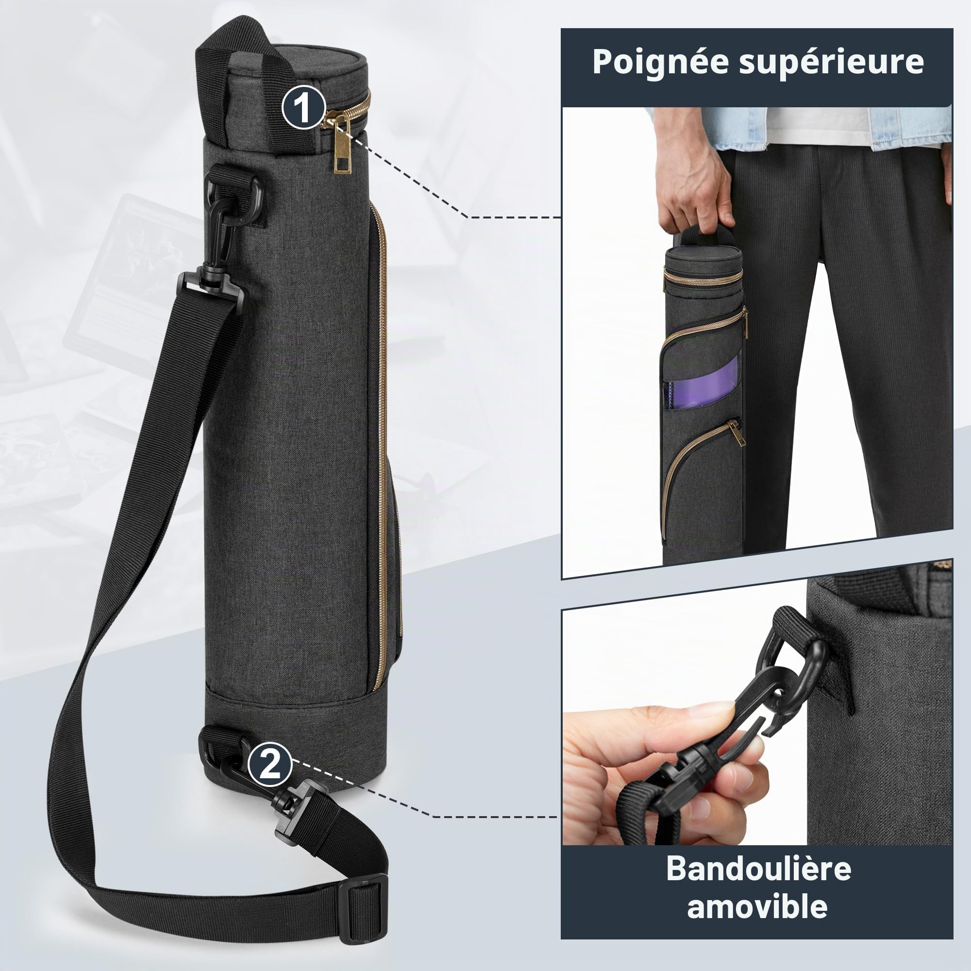 Rexmica Playmat Tube Holder pour Tapis de Jeu avec Porte-dés | Compatible avec Les Tapis de 35,6 x 61 Cm, Étui Tubulaire Rangement pour La Plupart Des Tapis de Jeu avec Bandoulière