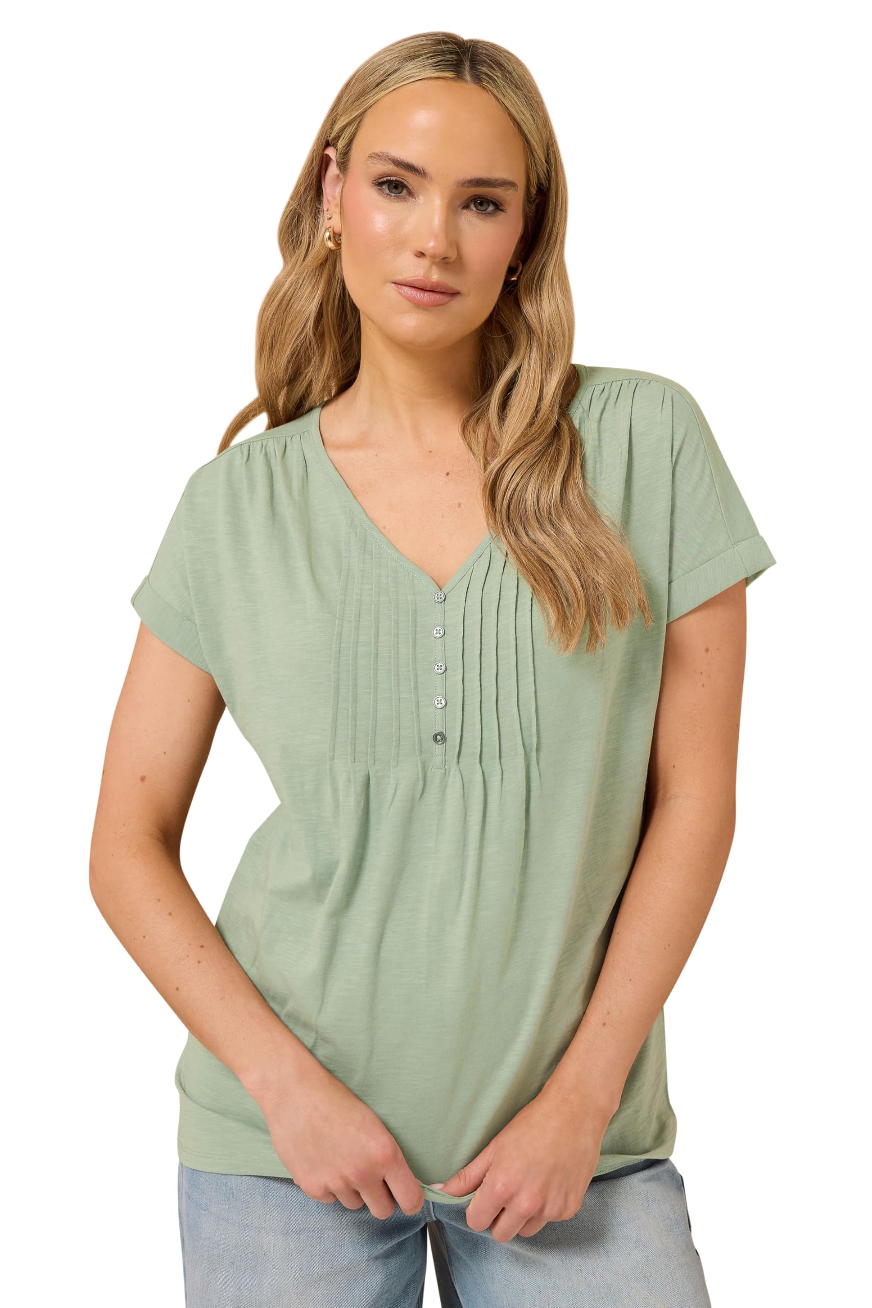 Lts Women's Green Tall Sage Cotton Short Sleeve Henley Top Size 14