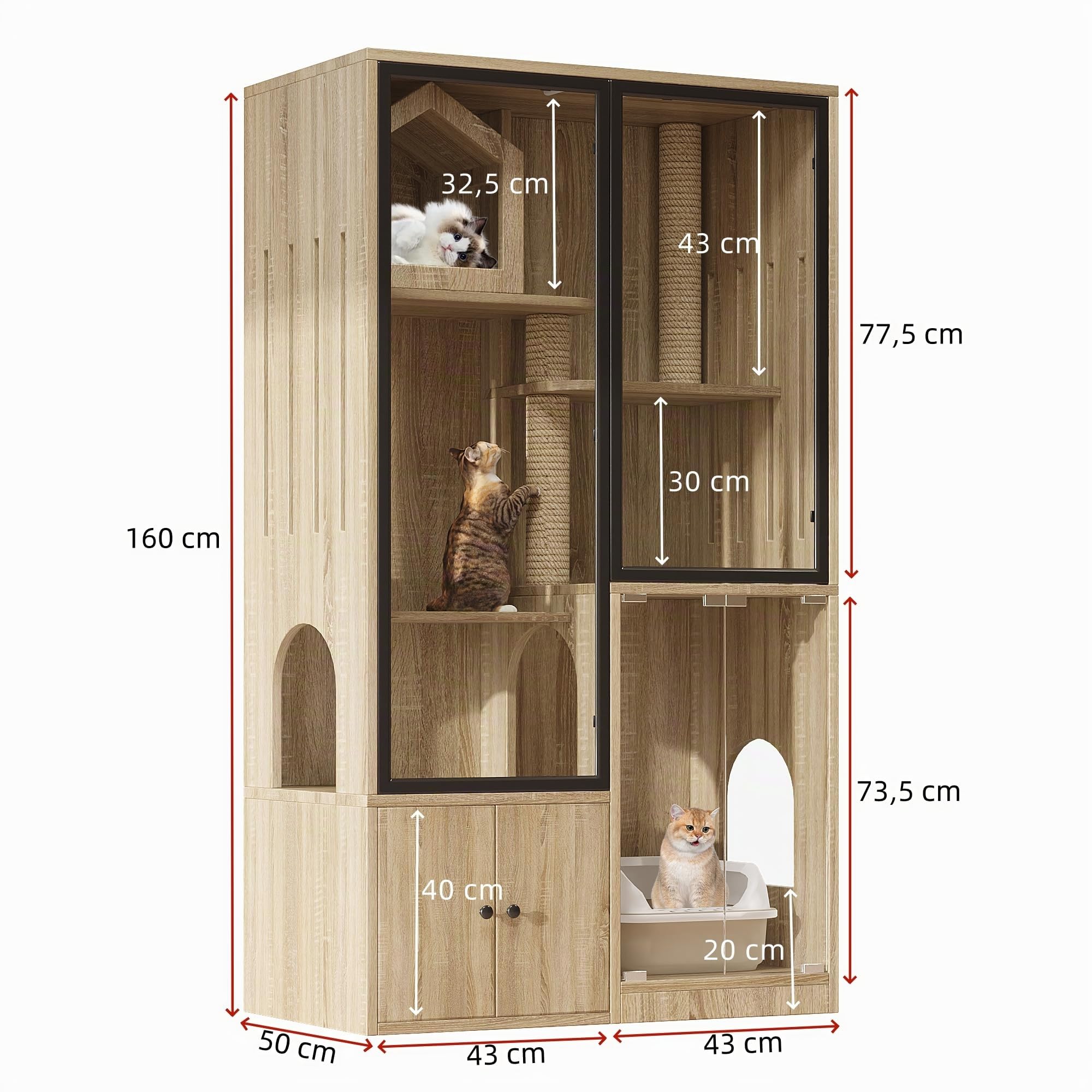 Grande gabbia per gatti 90x50x160 cm, villa per gatti a 4 piani con facciata in vetro, casa per gatti e casetta per piccoli animali resistente all'inverno, inclusa colonna per graffiare – per interni