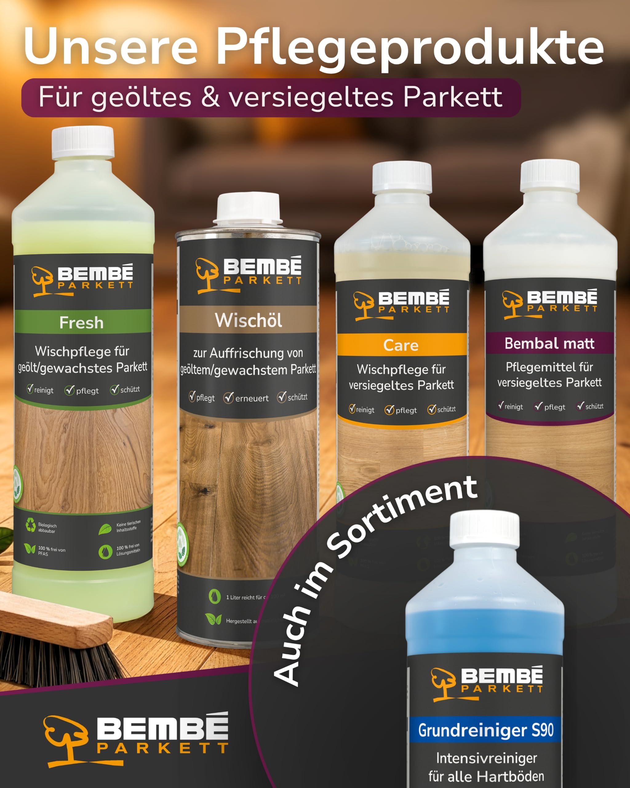 Bembé Parkett Pflege Set I Bembal glänzend 2L + Neutralreiniger 1L I Parkettpflege für versiegeltes Parkett reinigt & schützt I Bodenreiniger pH neutral & streifenfrei I wasserabweisender Pflegefilm