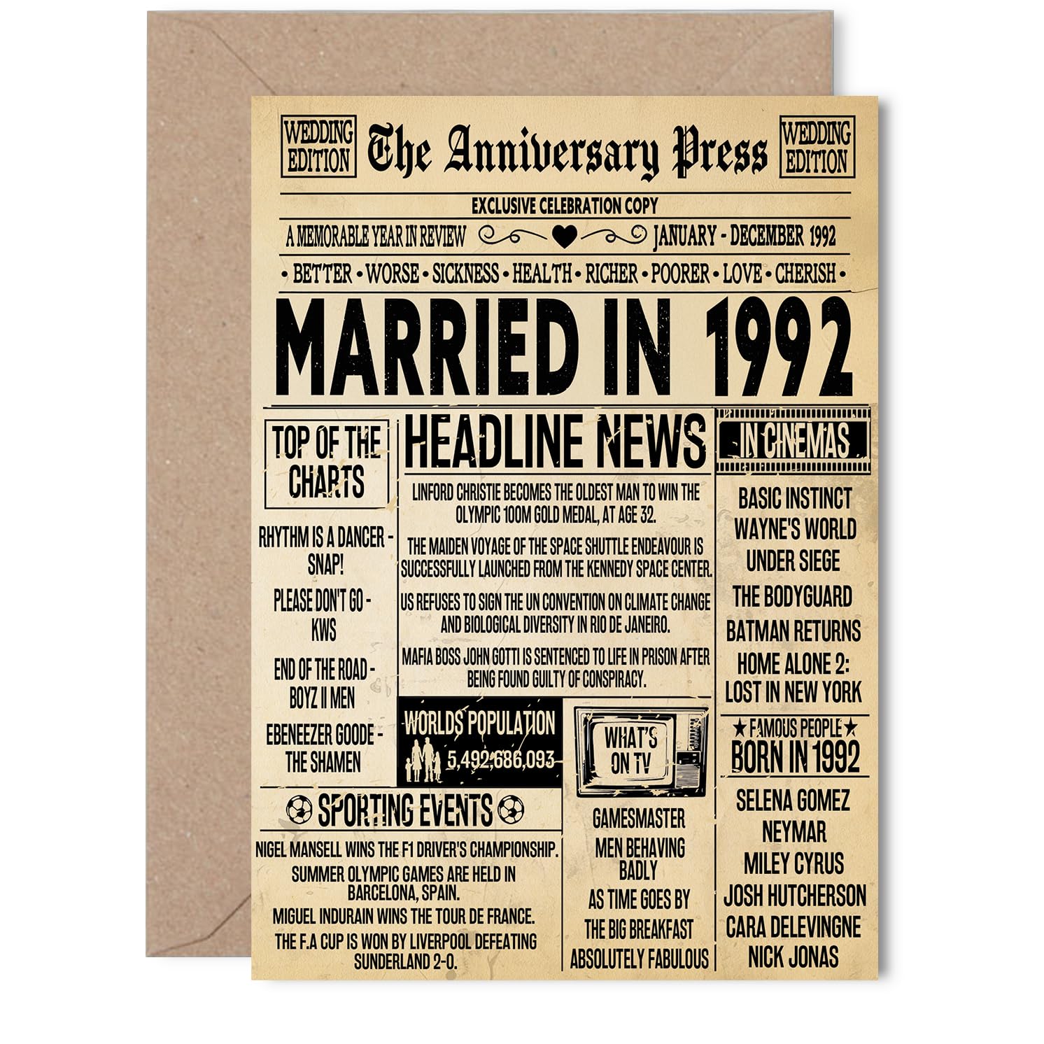 34th Anniversary Card for Women Men - Vintage Newspaper Married in 1992-34 Year Wedding Anniversary Card for Partner Husband Companion Wife, 5x7 Inch Anniversaries Greeting Cards