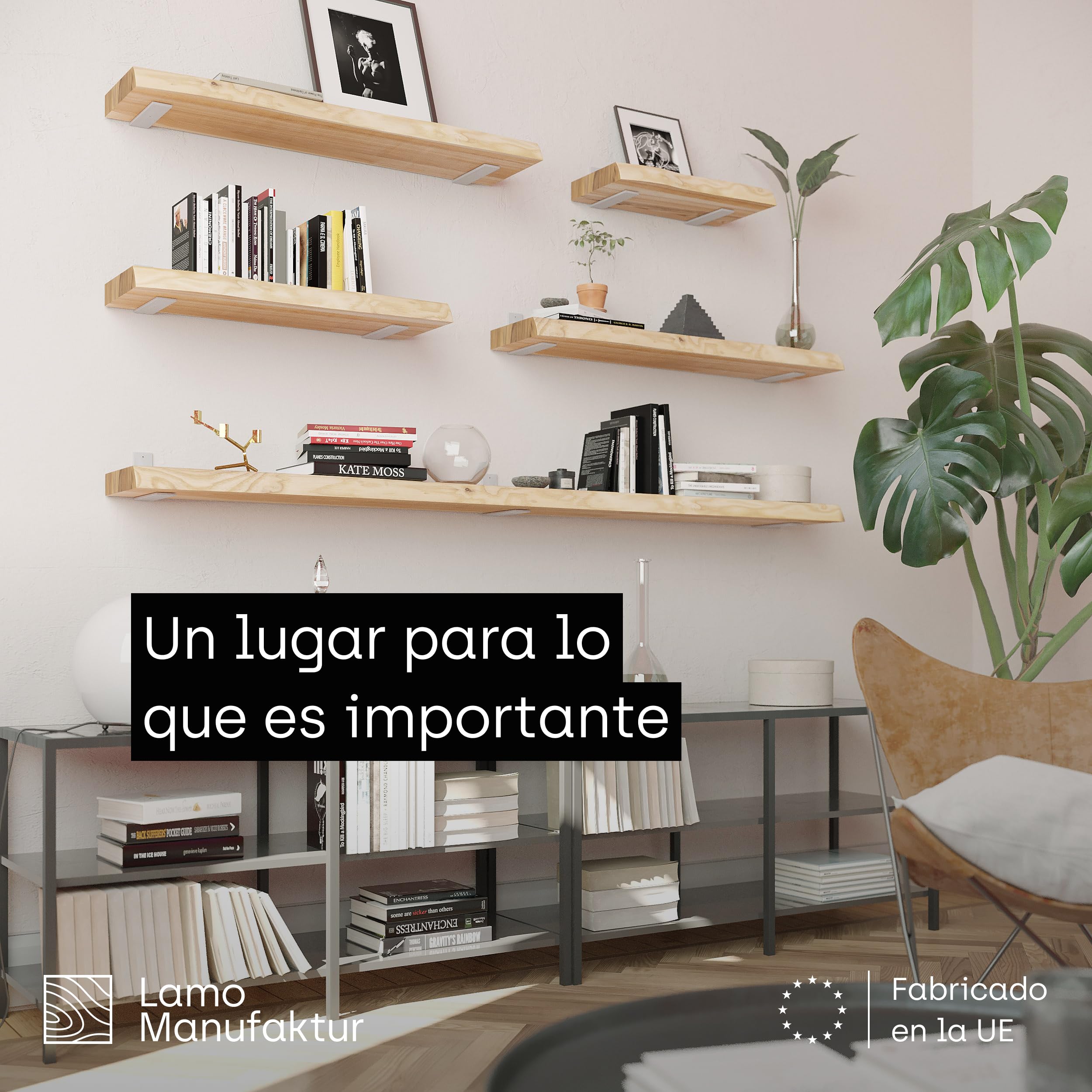 LAMO Manufaktur Estantería de Pared con Soportes Blancos en Forma de L | Estantería Larga Madera 160cm para baño, Pasillo, Cocina Estilo Industrial | Color: Nogal, Borde: Natural | Madera Maciza