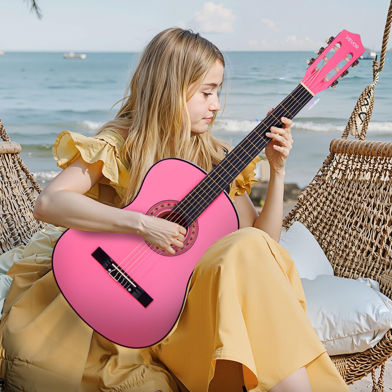 VEVOR Konzertgitarre, 960 mm, Holz-Klassikgitarren-Starter-Set für Anfänger, mit Nylonsaiten, Gigbag, Gurt, Stimmgerät, zusätzlichen Saiten, Plektren, Kapodaster, Linde, für Einsteiger, Pink