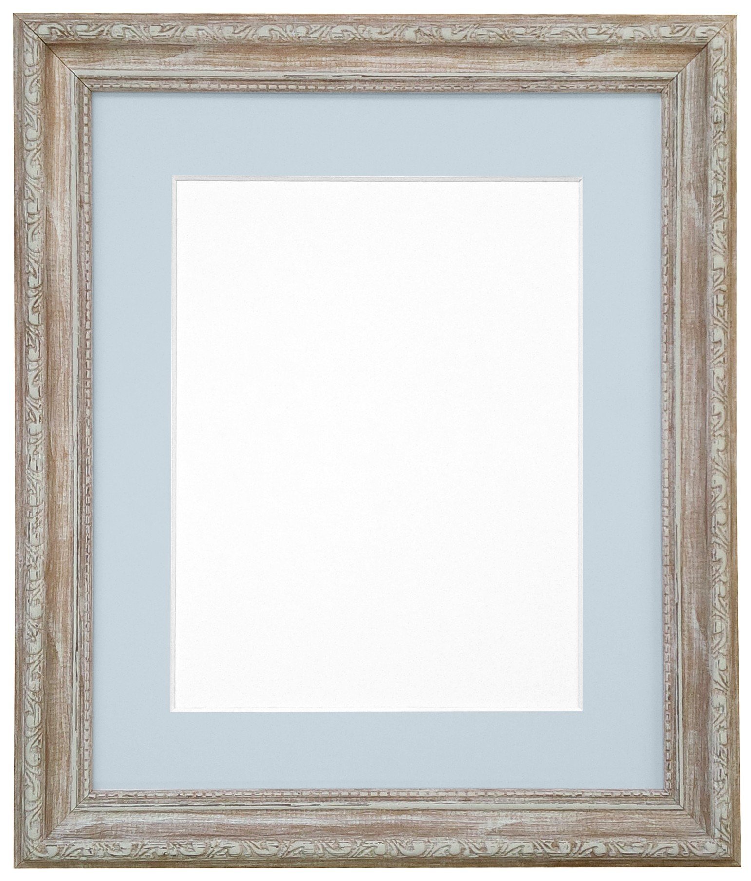 FRAMES BY POST Shabby Chic Distressed Wood Picture Photo Frame with Light Blue Grey Mount A2 for Picture Size A3 (Plastic Glass)