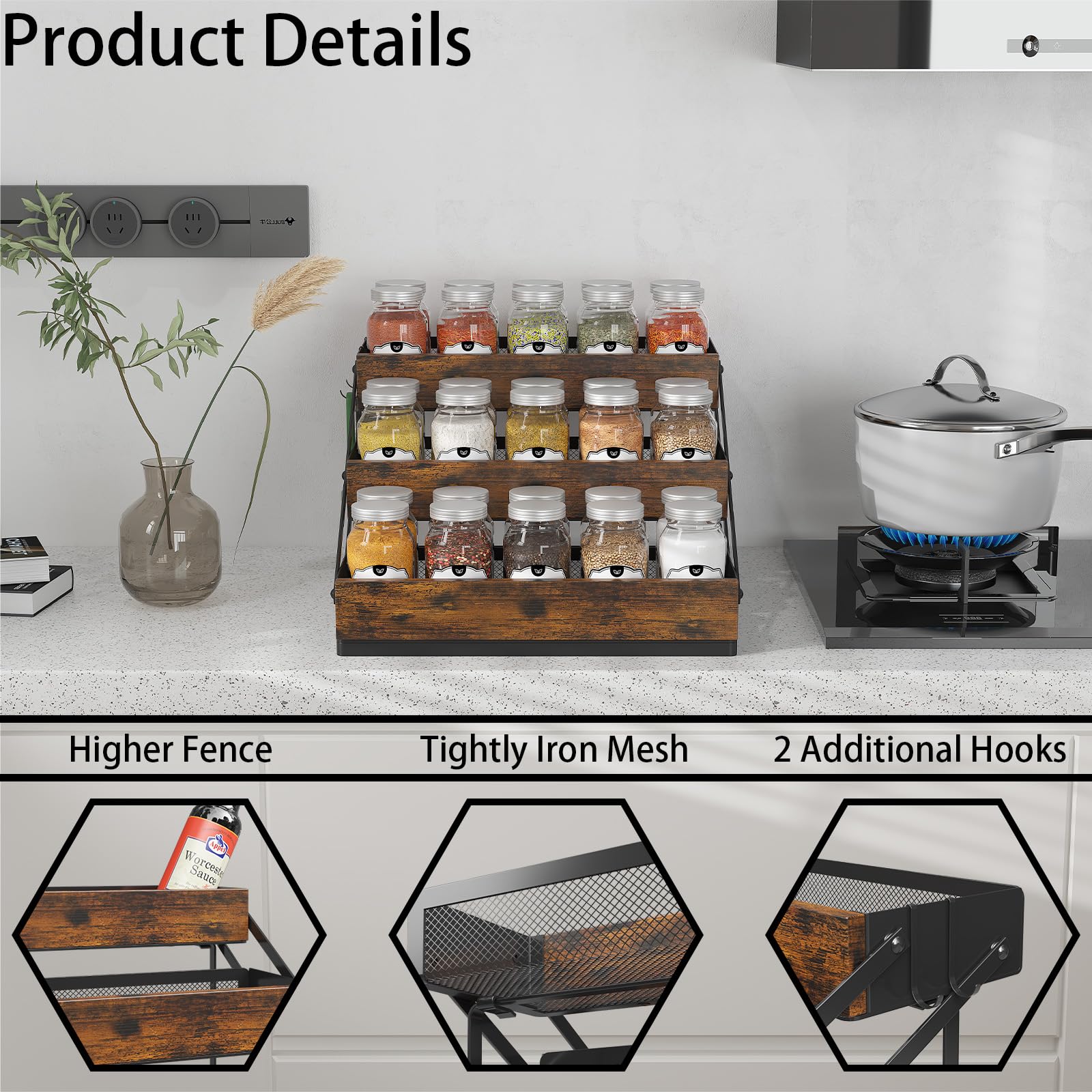 Organizador de especias de 3 niveles para gabinete, estante de especias plegable para encimera, cajones de gabinete, almacenamiento de especias de madera rústica para estación de cocina