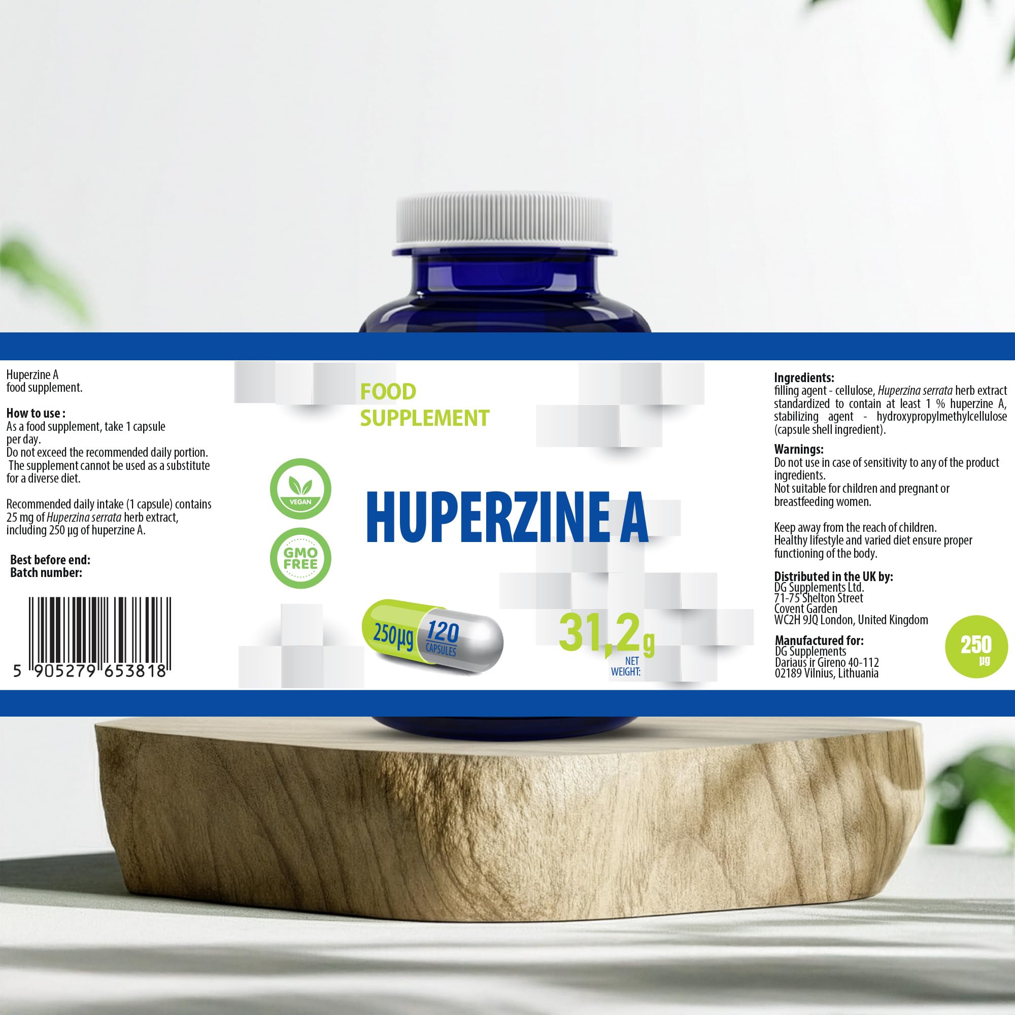 Hepatica Huperzina A 250 mcg | Extracto Estandarizado de Huperzia Serrata (1%) | 120 Cápsulas Veganas | Suministro para 4 Meses | GMP & laboratorio independiente