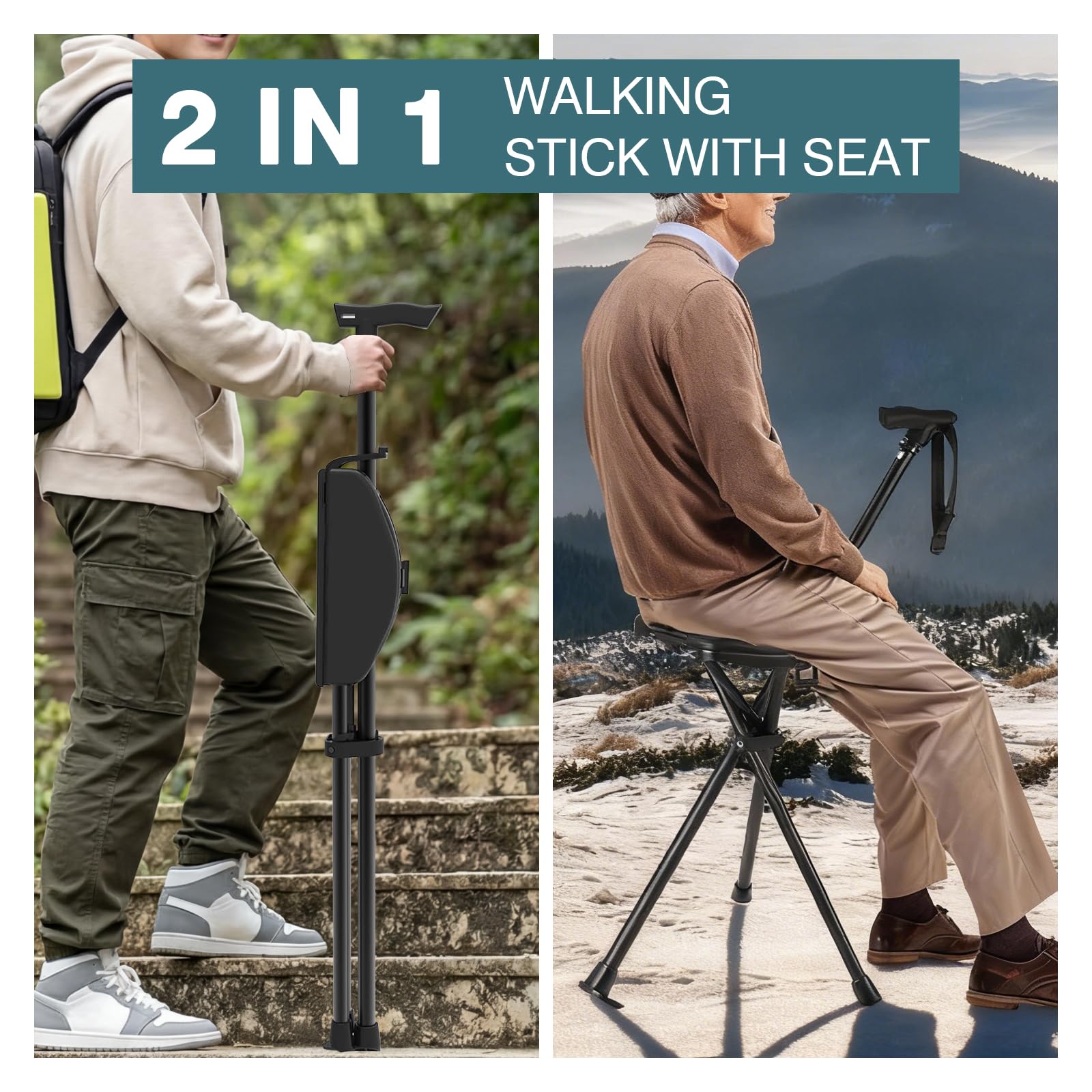 Bastón con asiento, 95-104 cm, plegable, bastón portátil, plegable, con bolsa de transporte, capacidad de carga de hasta 250 kg, bastón con asiento, bastón de senderismo plegable con asiento para