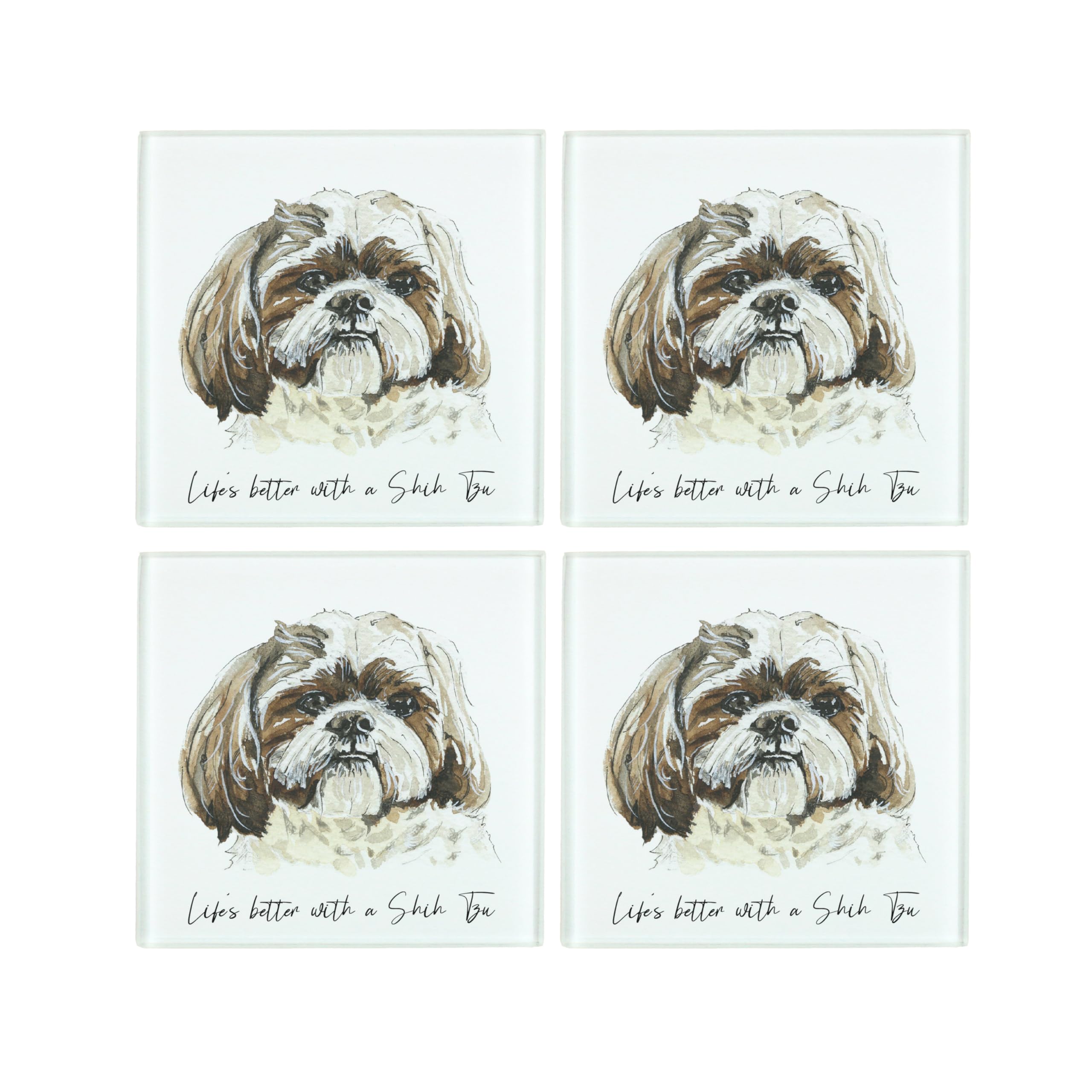 Shih Tzu Coaster Set - Life's Better With a Dog Gift - Square Glass Set of Four (4) Coasters