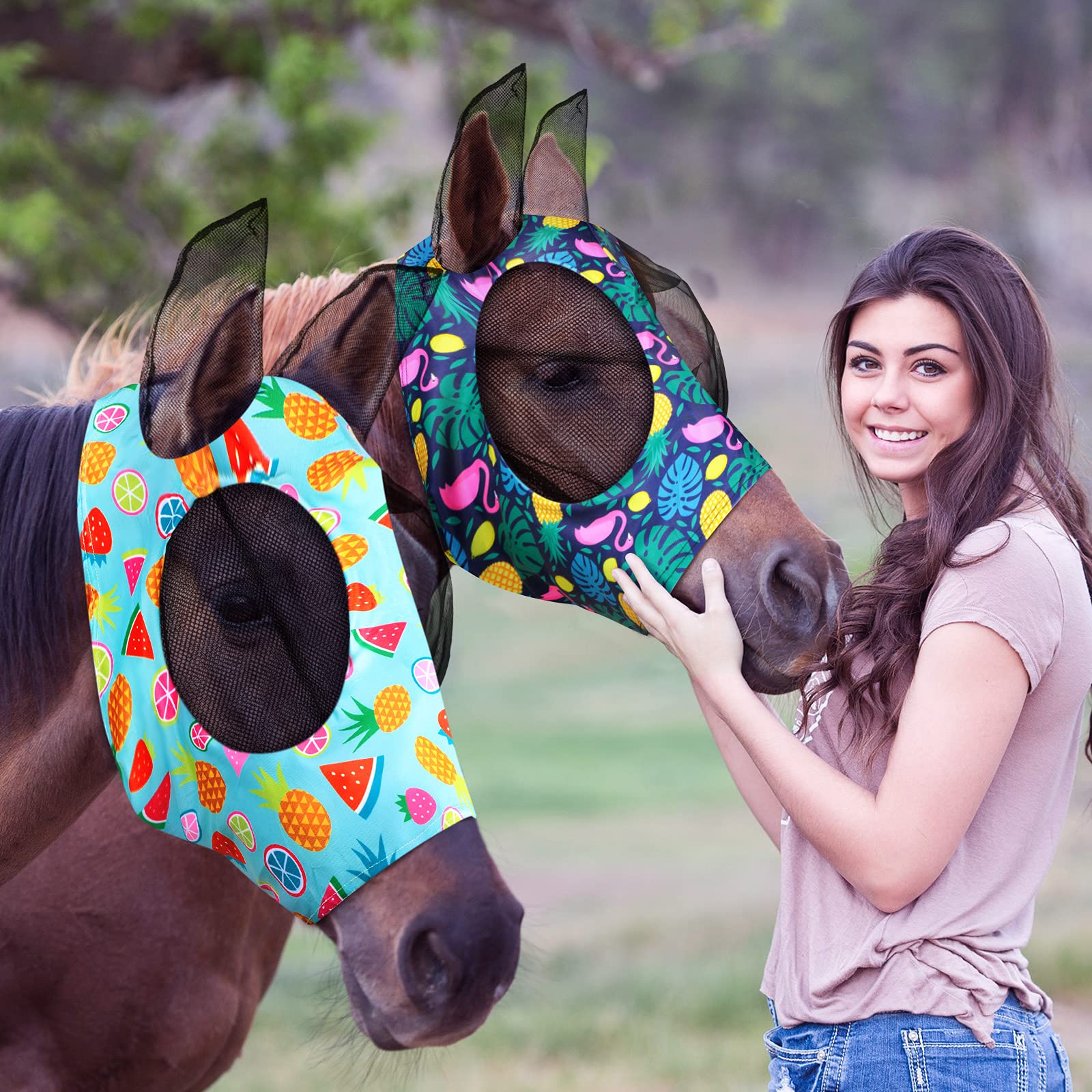 Hestya 2 Pieces Horse Fly Masks for Horses Soft Fly Masks for Horses with Ears Smooth and Elasticity Fly Mask with UV Protection (Summer Patterns,L)