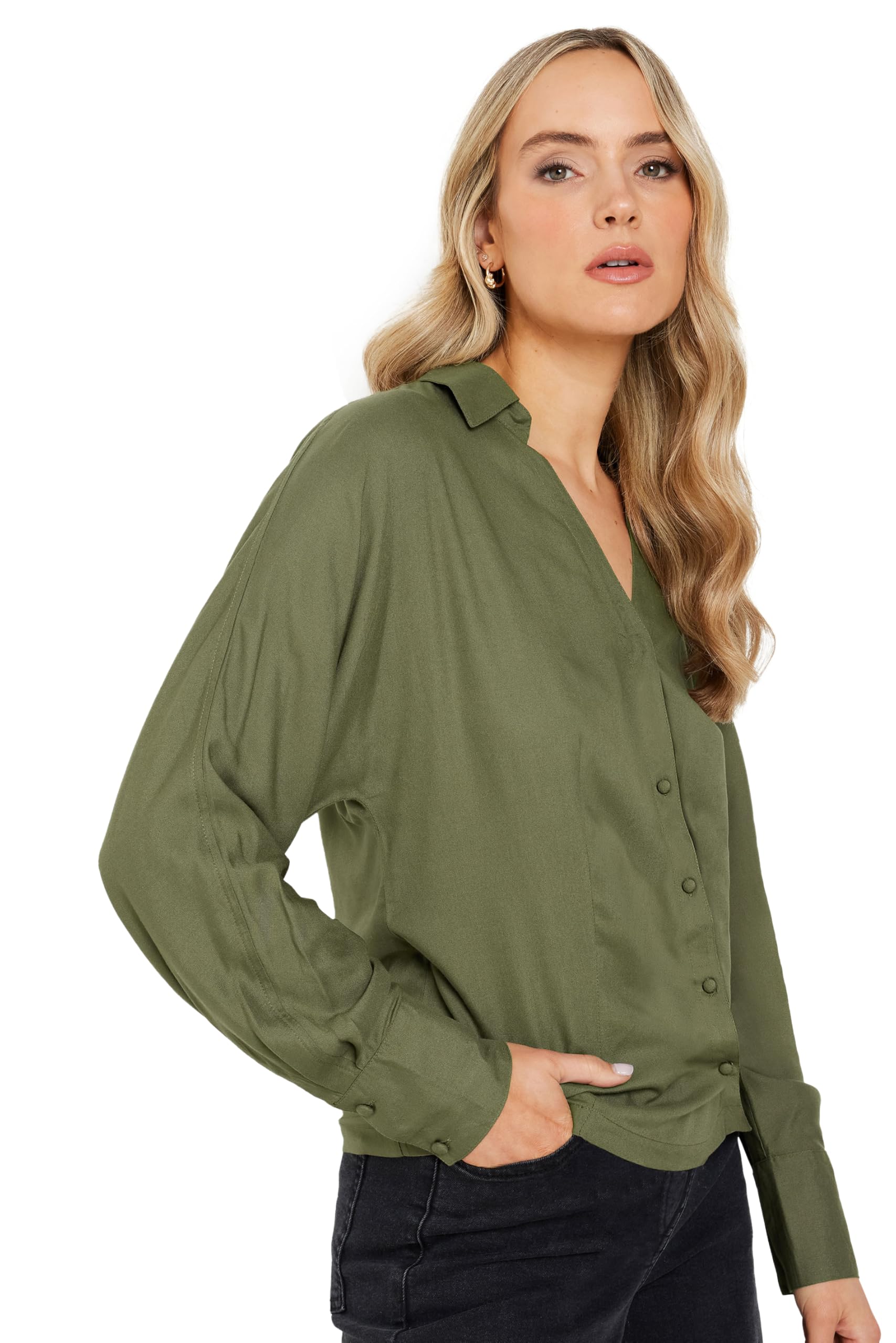 Long Tall Sally - LTS Tall Khaki Asymmetric Button Shirt - Women's