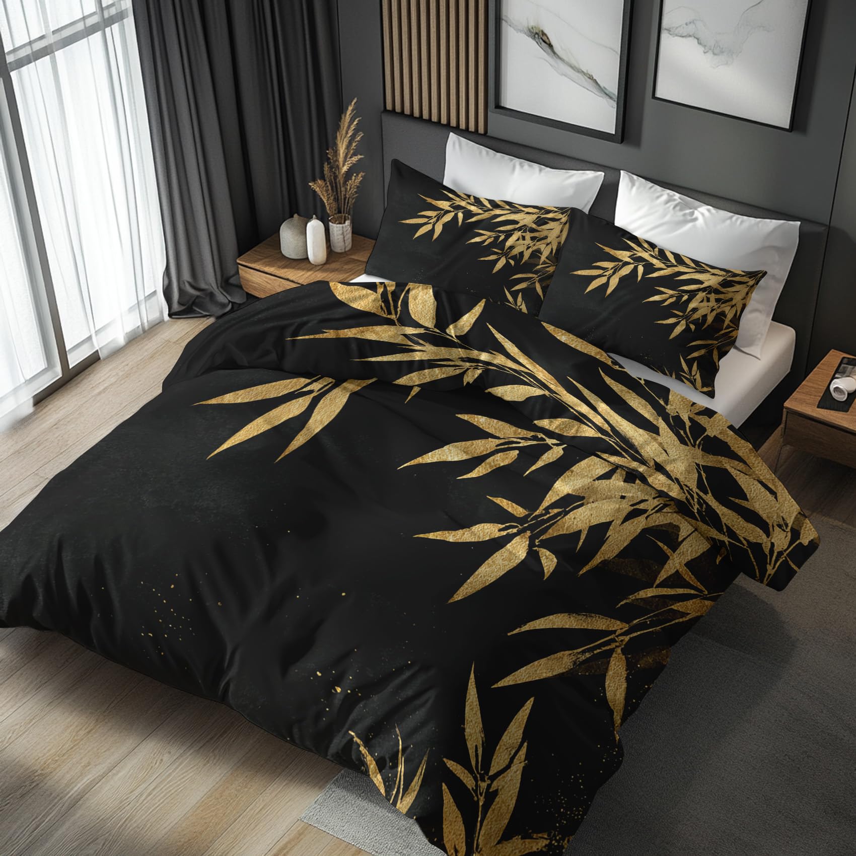 Housse de couette feuille noir doré 220x240 avec fermeture éclair pour un lit facile à border
