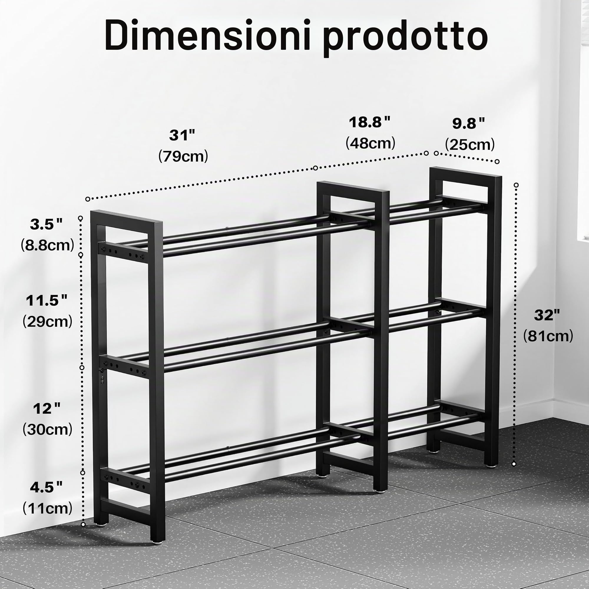 Rastrelliera per manubri a 3 livelli, lunghezza 127 cm, per palestra domestica, spaziatura regolabile