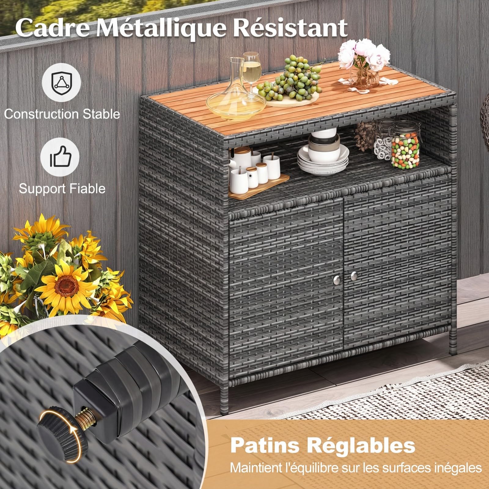 COSTWAY Armoire de Rangement Exterieur en Rotin, Jardin avec Plateau en Bois d'Acacia, Buffet 2 Portes, Gris