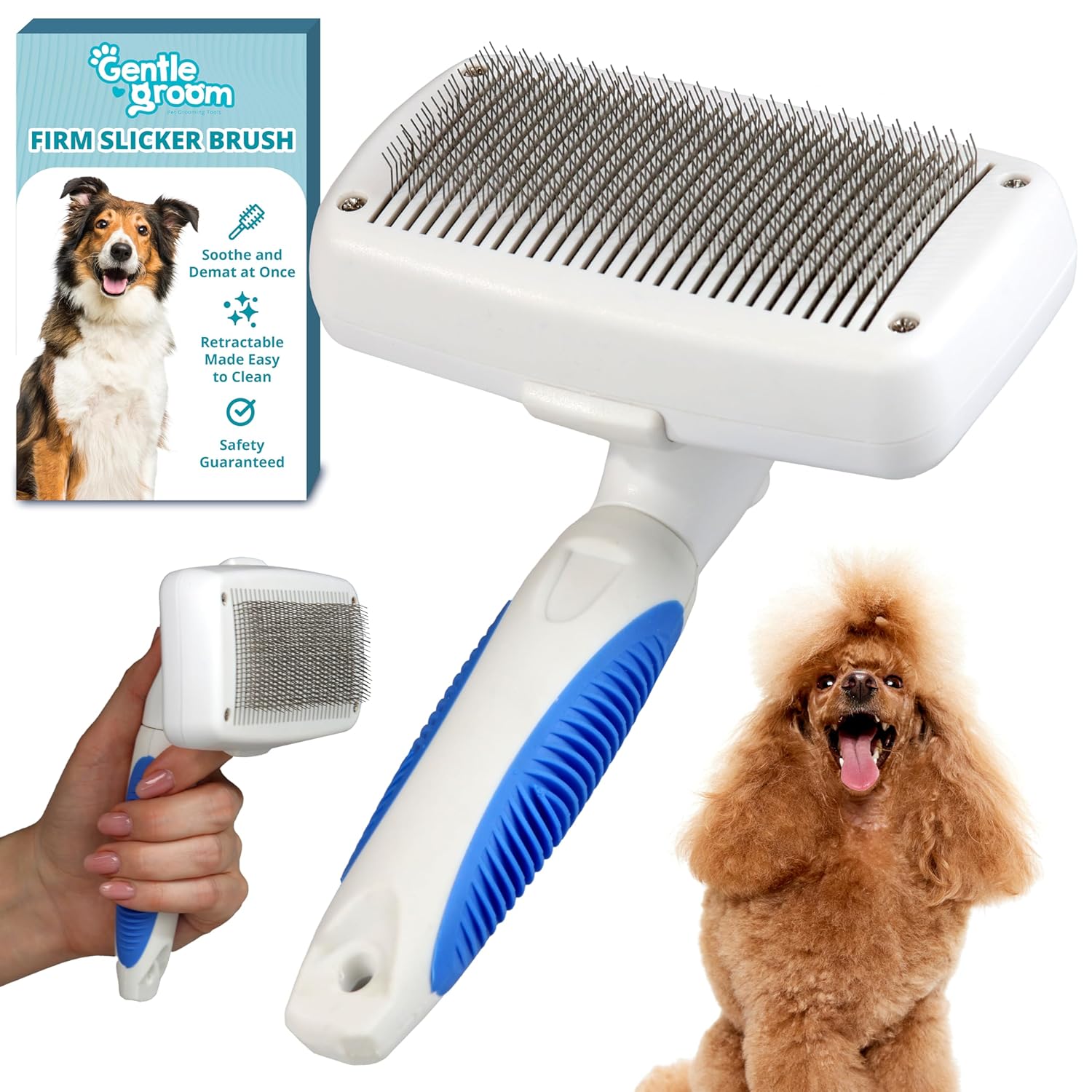 Self Cleaning Slicker Brush for Dogs - Cat and Dog Brush for Shedding for Tangled Hair w/ 1-Click Button, Anti-Slip Handle, 10mm Bent Needle - Skin-Massaging Pet Comb for Short Hair