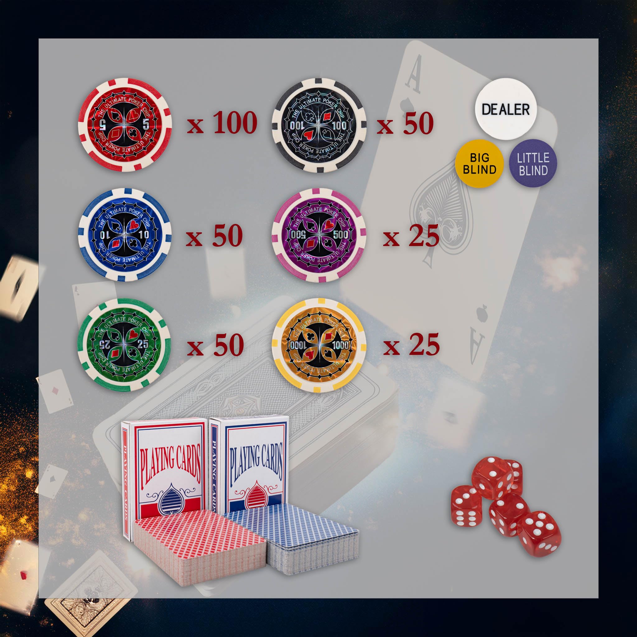 H&F Heimtextilien Juego de póquer premium – 300 fichas pesadas de alta calidad, 2 barajas de cartas, dados, botón de distribuidor, maletín de aluminio, juego de póquer profesional