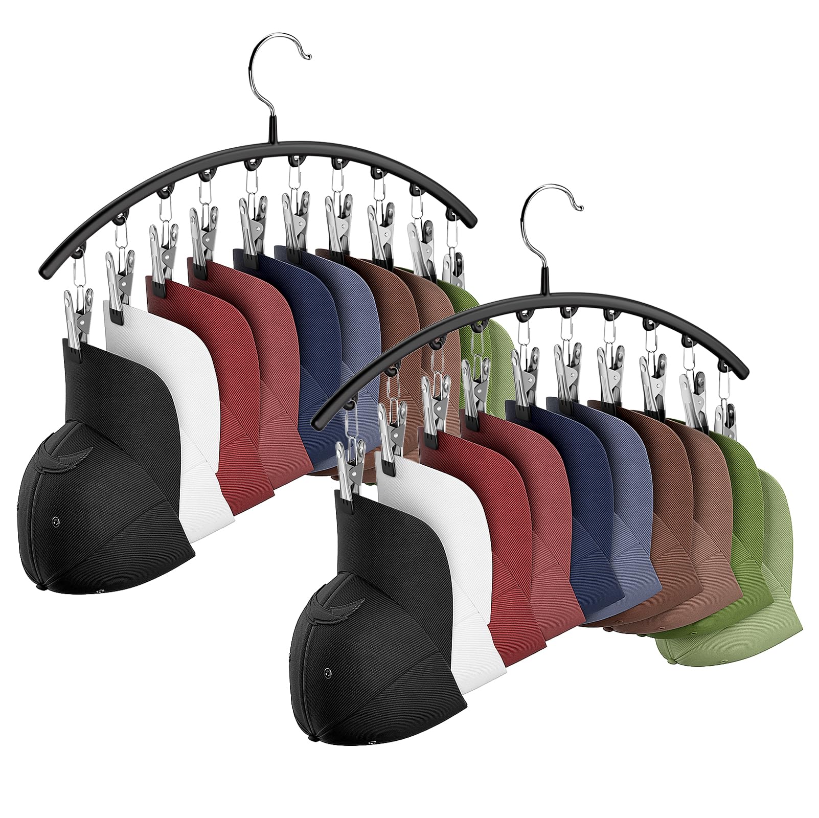CPPDEL Hat Hangers for Closet, Metal 2 Pack Hat Organizer Holder for Hanger & Room Closet Display, Hat Racks for Baseball Caps w/10 Clips, Hat Holder for Ball Caps & Accessories, for Men, Women Gift