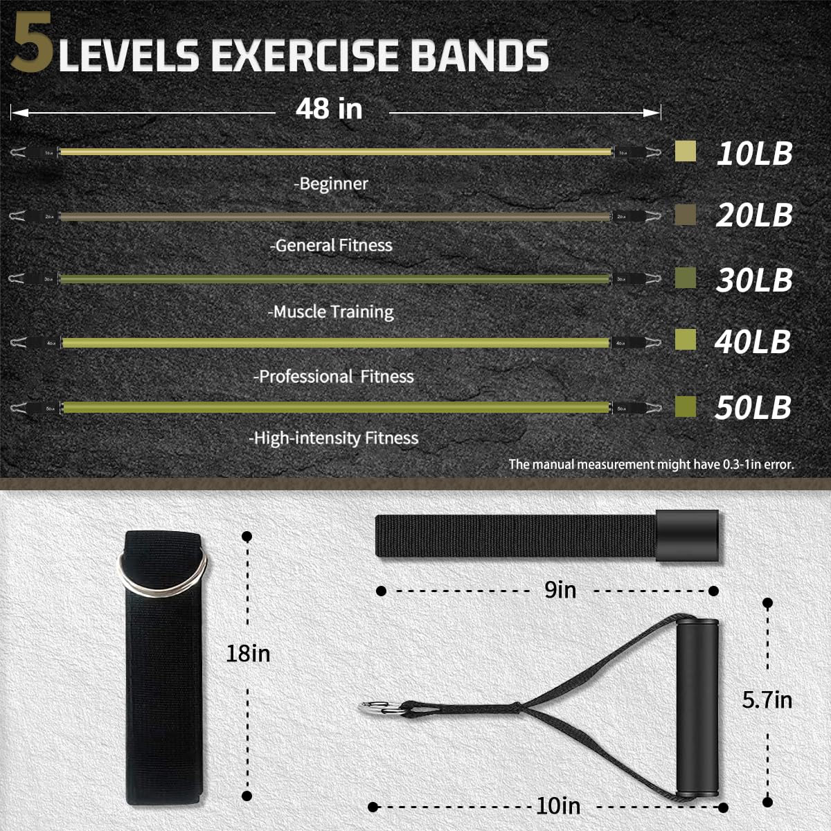 VEICK Bandes de résistance, bandes d'exercice, bandes de résistance pour entraînement avec poignées pour homme et femme, bandes d'exercice pour fitness poids entraînement à la maison