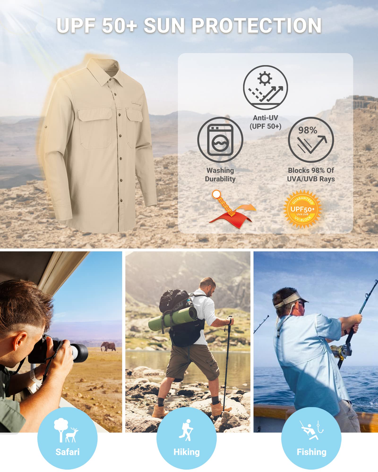 Outdoor Ventures Camisa de manga larga para hombre, camisa funcional para exteriores, de secado rápido, informal, transpirable, caqui, XXL