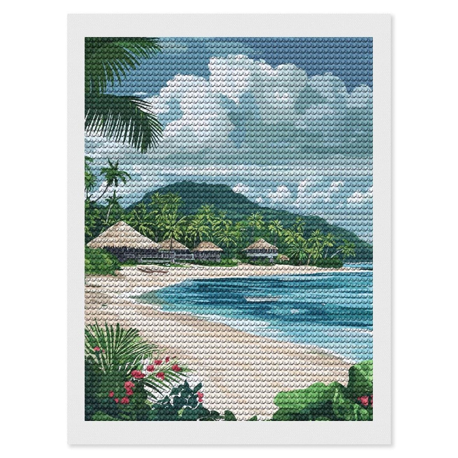 Junmoney Tropical Beach with Thatched Roof Huts Diamond Painting Canvas Set 12"x16", Easy to Enjoy, Adhesive Canvas, Office Decor, Holiday Gift Idea, with Tool Kit