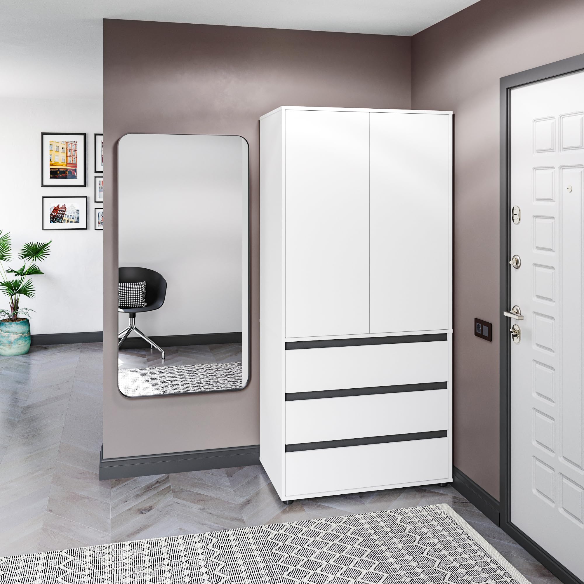 KOMTO Kleiderschrank Klein in Weiß - Schrank Schlafzimmer Kinderzimmer Mehrzweckschrank mit 2-türig & 3 Schubladen Garderobenschrank Flur | Drehtürenschrank Cube 90 x 192 x 53 cm