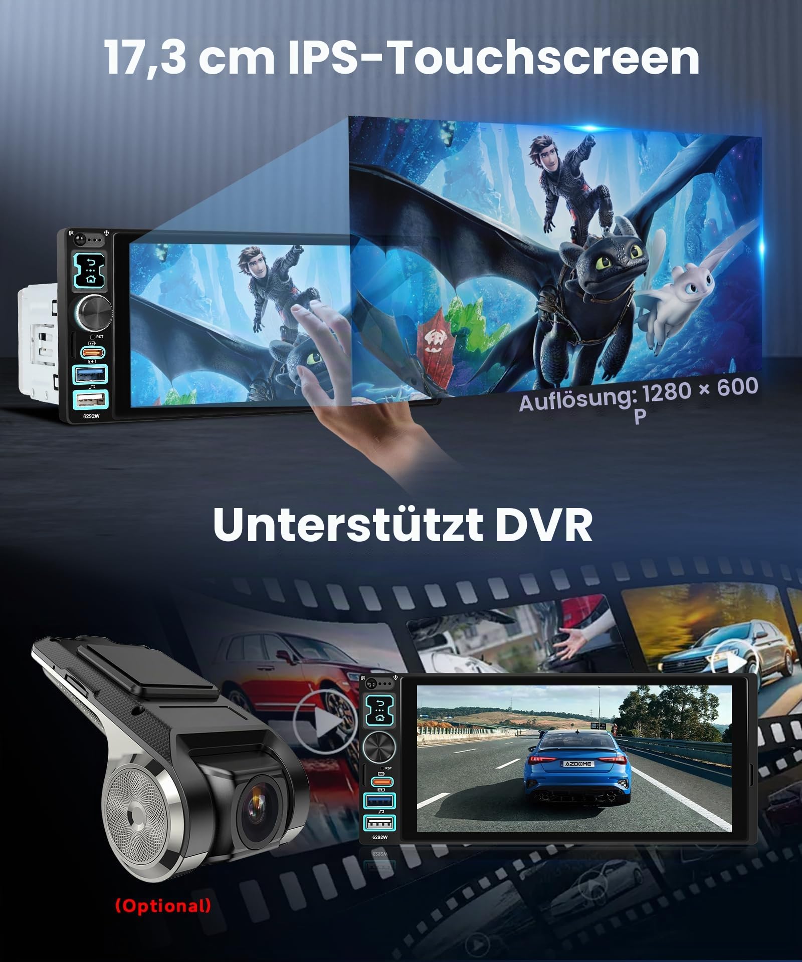 VECHTEL Autoradio 1 Din mit Drahtlos Carplay Android Auto, 6,8 Zoll IPS HD Touchscreen Autoradio, Unterstützung FM Radio Mirror Link USB/Typ-C Lenkrad-Bedienelemente Fernbedienung Rückfahrkamera