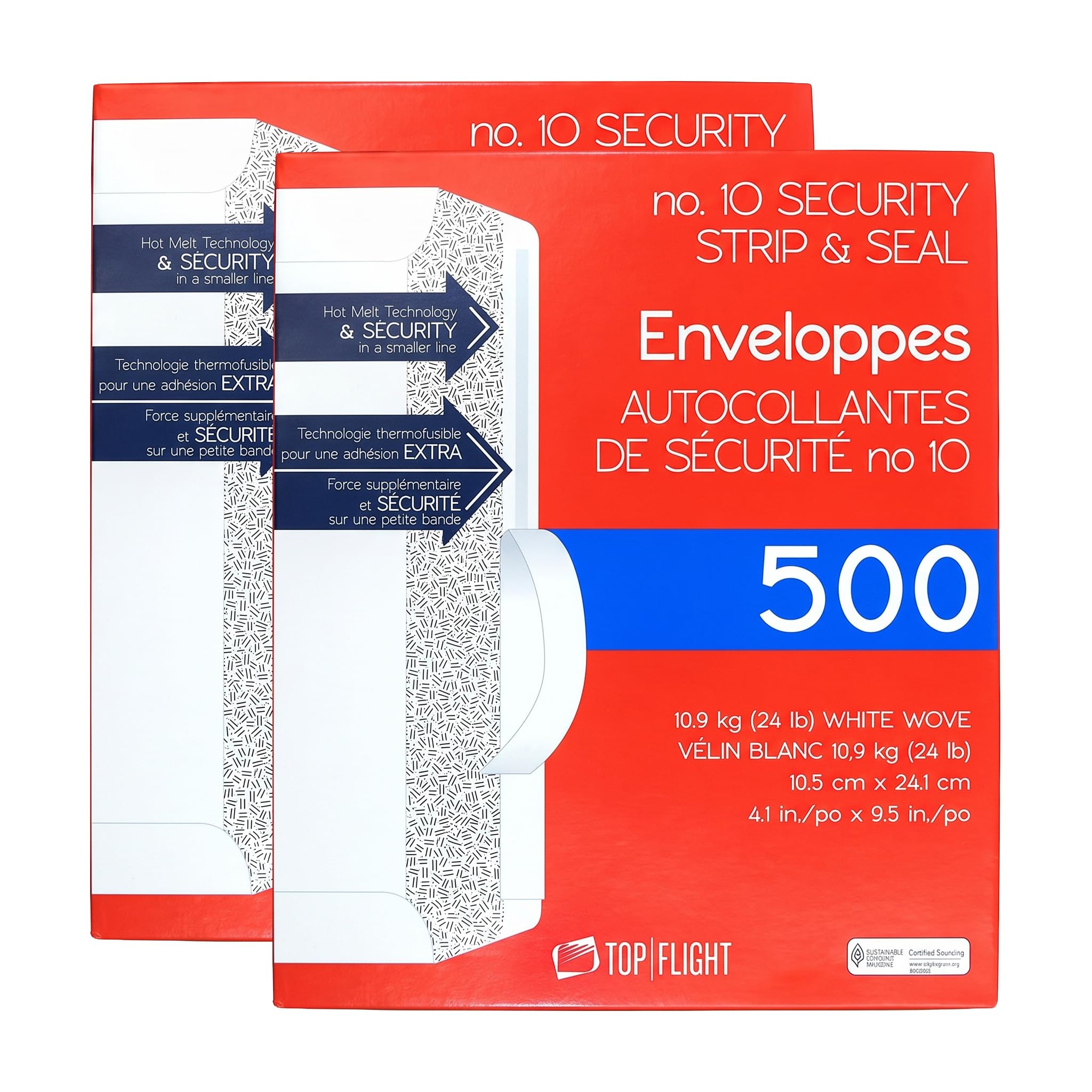 Top Flight PSTF10NWT #10 Envelopes,Strip &amp; Seal,Security Tinted,White Paper,24 lb,500 Count (Pack of 2)
