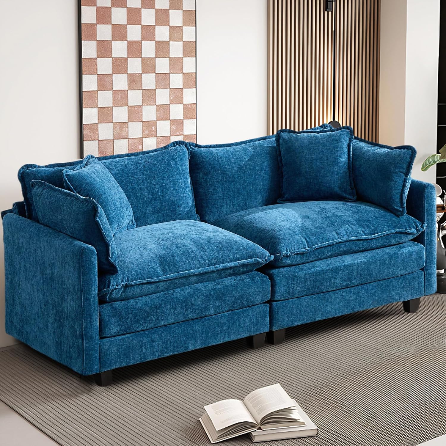 SoarFlash 71.6" Chenille Sectional Sofa, Comfy Modular Loveseat Sofa, Modern 2-Seat Couch Deep Seat Sofa Set for Living Room,Blue 2 Seat Blue