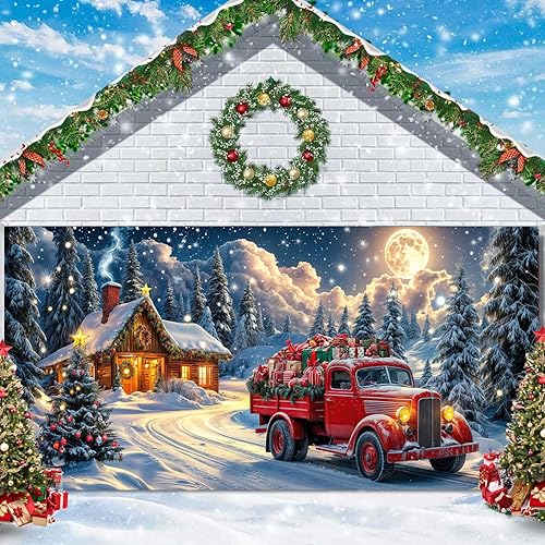 Miniatura 3 de Cubierta de puerta de garaje de Navidad de 6 x 8 pies, Papá Noel, retro, camión, nieve, árbol de Navidad, decoración de puerta de garaje, decoración