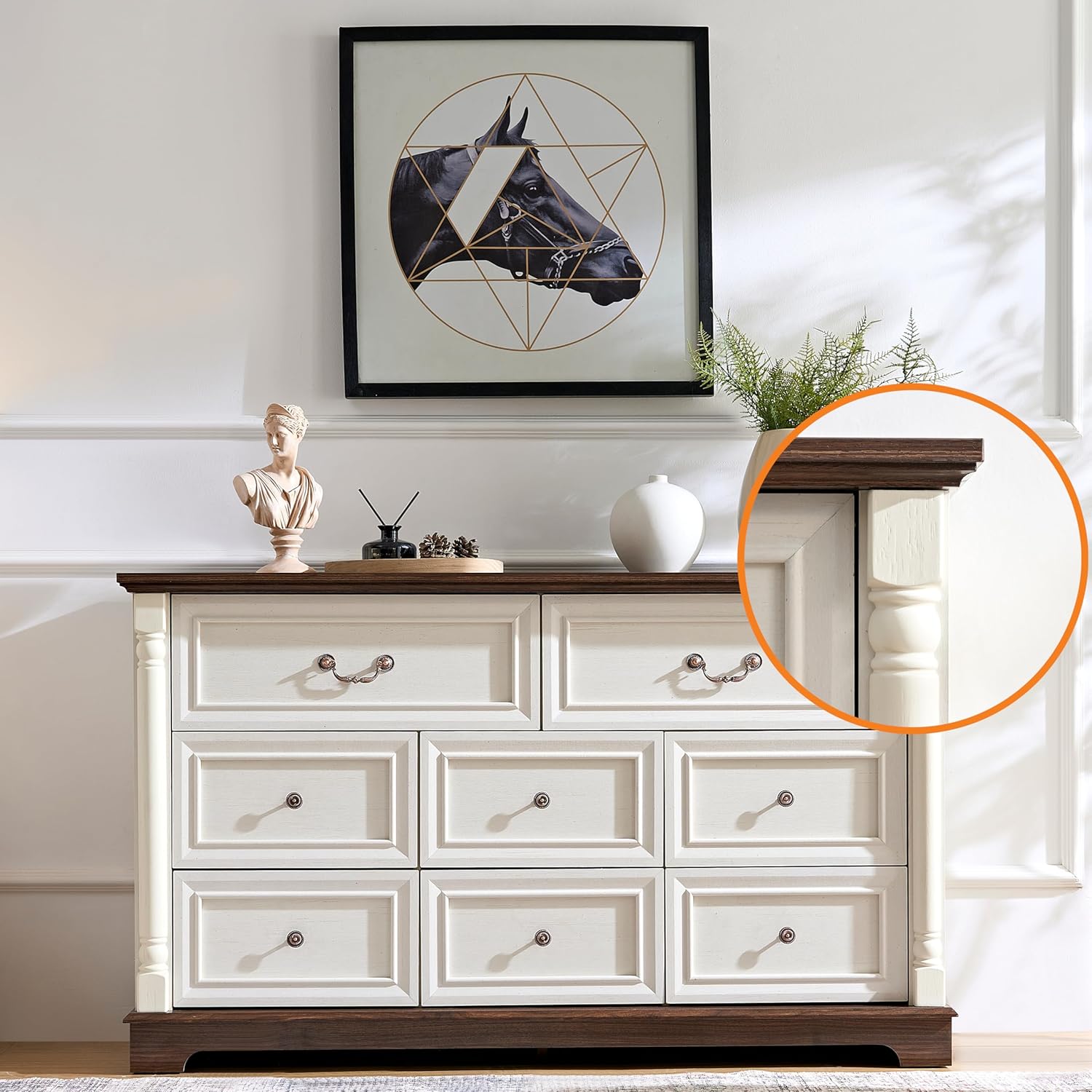 Farmhouse 8 Drawer Dresser with Roman Column Design, 54" Long Wood Chest of Drawers for Bedroom,Living Room, Antique White