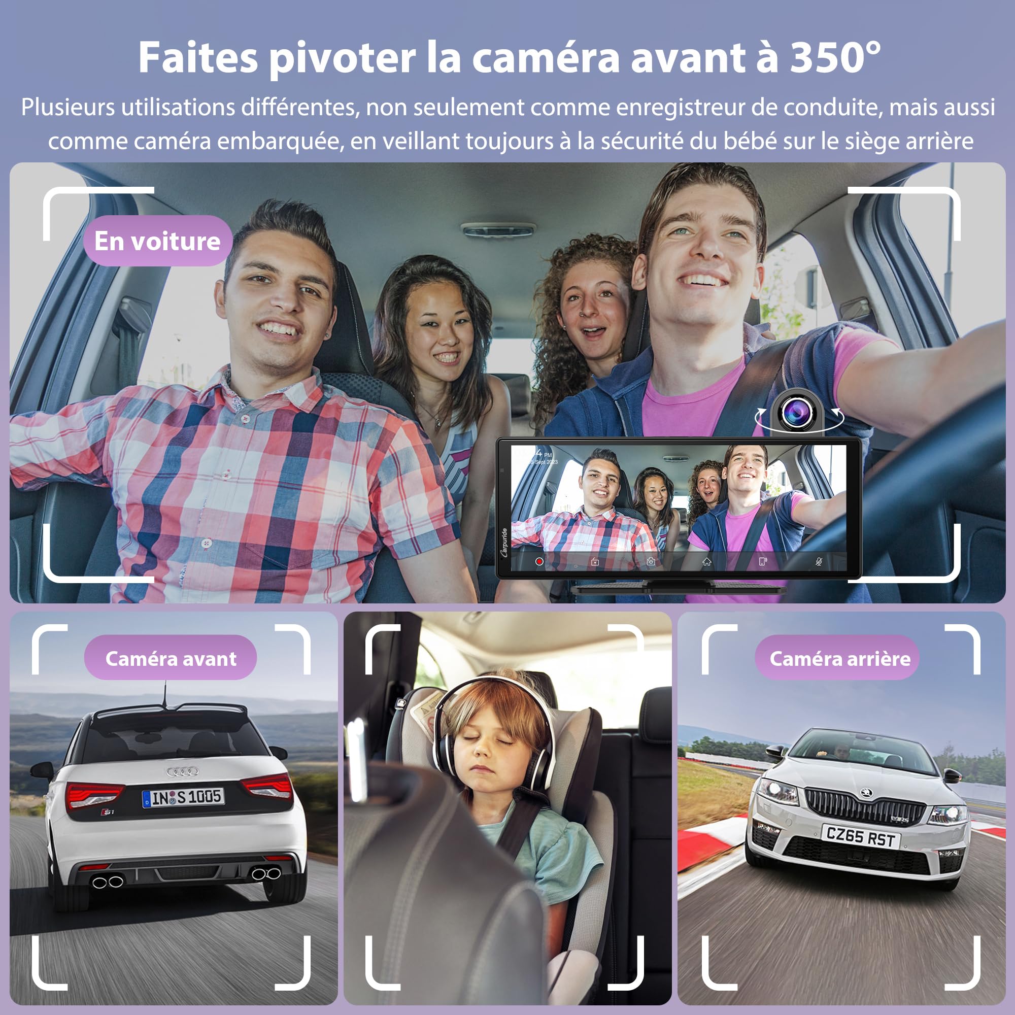 Carpuride W904 10.26" Carplay sans Fil et Android Auto avec Dash Cam | Écran Tactile pour Voiture, Caméra Avant 4K et Arrière 1080P, Enregistrw Ement en Boucle, Audio BT, Mirror Link, GPS, Siri