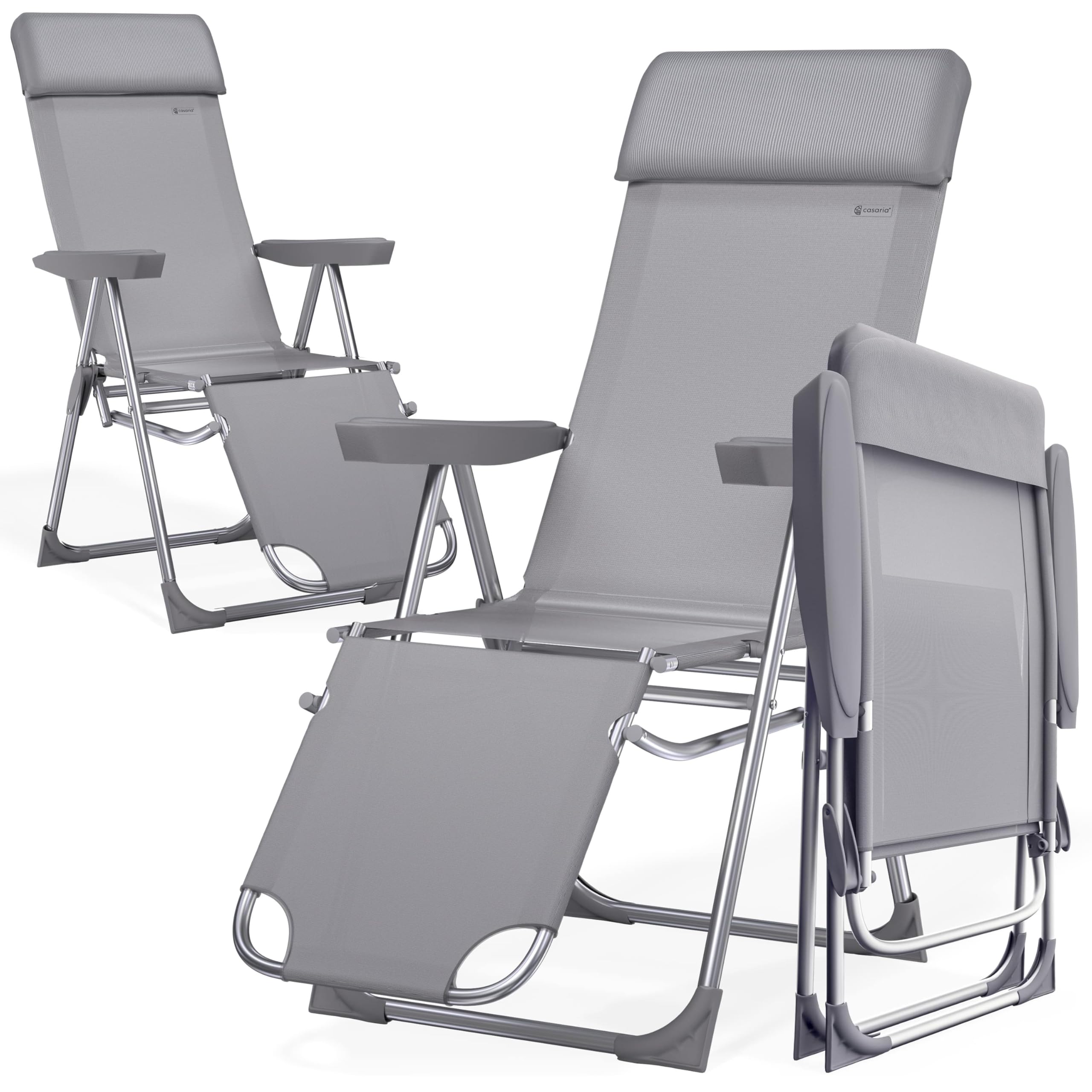 Casaria® Gartenstuhl mit Fußteil 2er Set 6fach Verstellbar Liegefunktion Alu Faltbar Klappbar Hohe Rückenlehne Campingstuhl Klappstuhl Hochlehner Grau