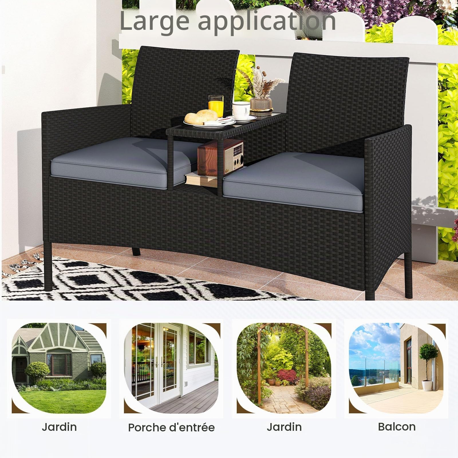 LIFEZEAL Banc Double de Jardin en Rotin PE avec Table en Verre Trempé, Fauteuil de Balcon 2 Personnes avec Coussin, Salon 2 Places avec Coussins, Mobilier de Terrasse, Patio, Charge 360 kg (Gris)