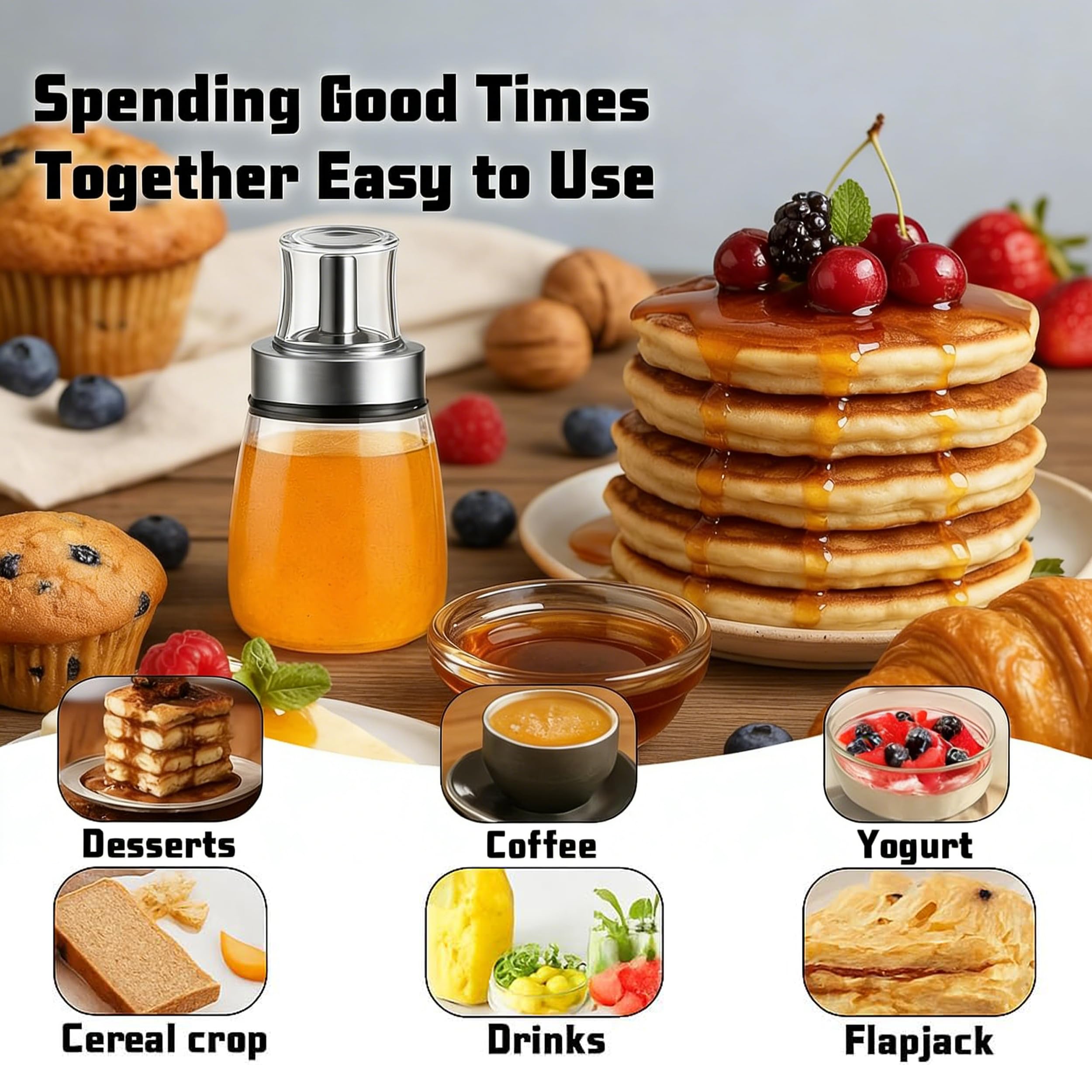 Honigspender Glas 180 ml Tropffrei Honigspender mit Edelstahl Ausgießer Sirup Spender Honigglas Süßstoffspender mit Deckel für Frühstückstisch Küche Kaffee Bar Buffet