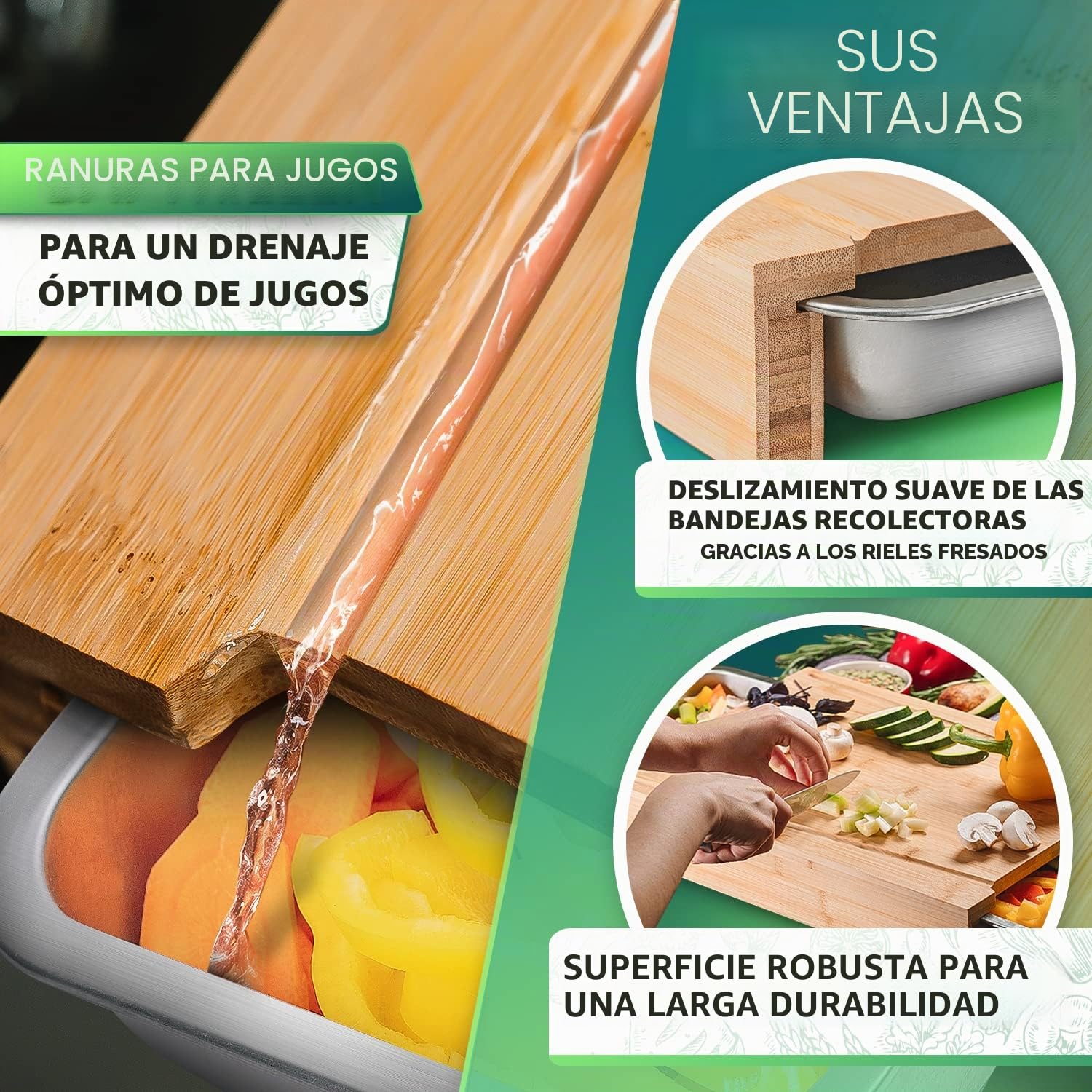 Loco Bird Tabla de Cortar de Madera Con Bandeja Colectora y Cuencos de Acero Inoxidable - Grande de Bambú Para Cocina