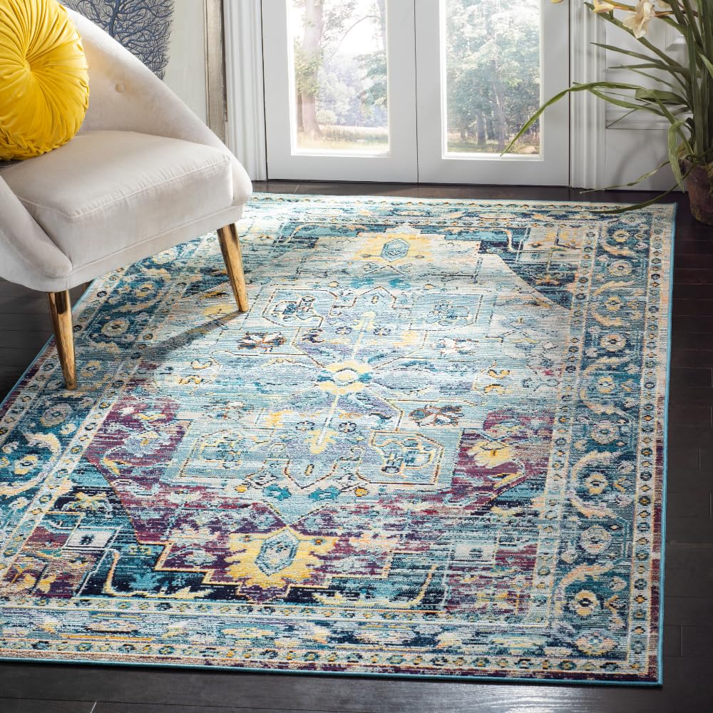 SAFAVIEH Crystal Collection Accent Rug - 4' x 6', Teal & Purple, Medallion Distressed Design, Non-Shedding & Easy Care, Ideal for High Traffic Areas