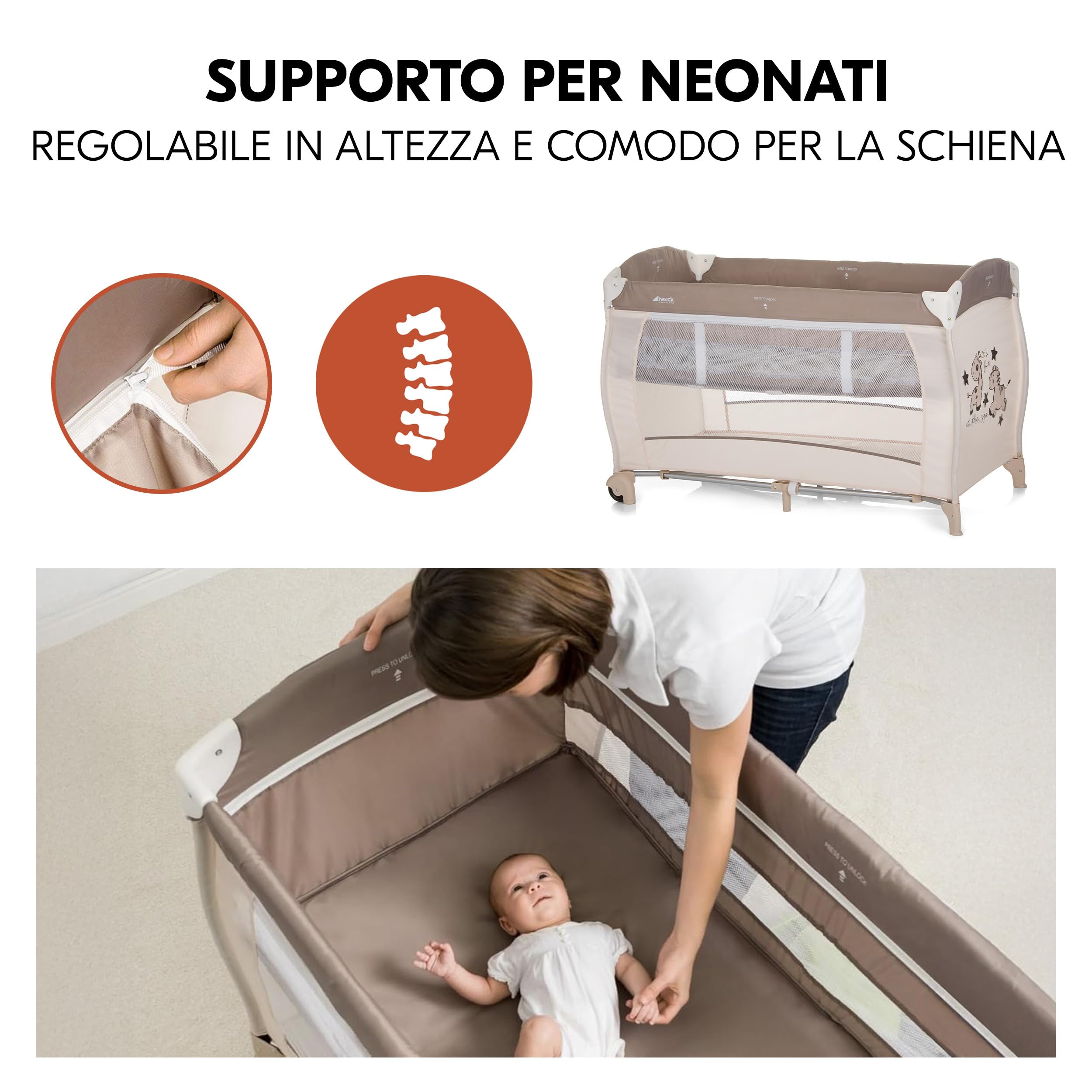 hauck Lettino Campeggio BabyCenter Zoo - Culla Campeggio con 2° Livello, Arco Giochi e Ruote - Culla da Viaggio con Borsa, Fasciatoio e Organizer - Beige