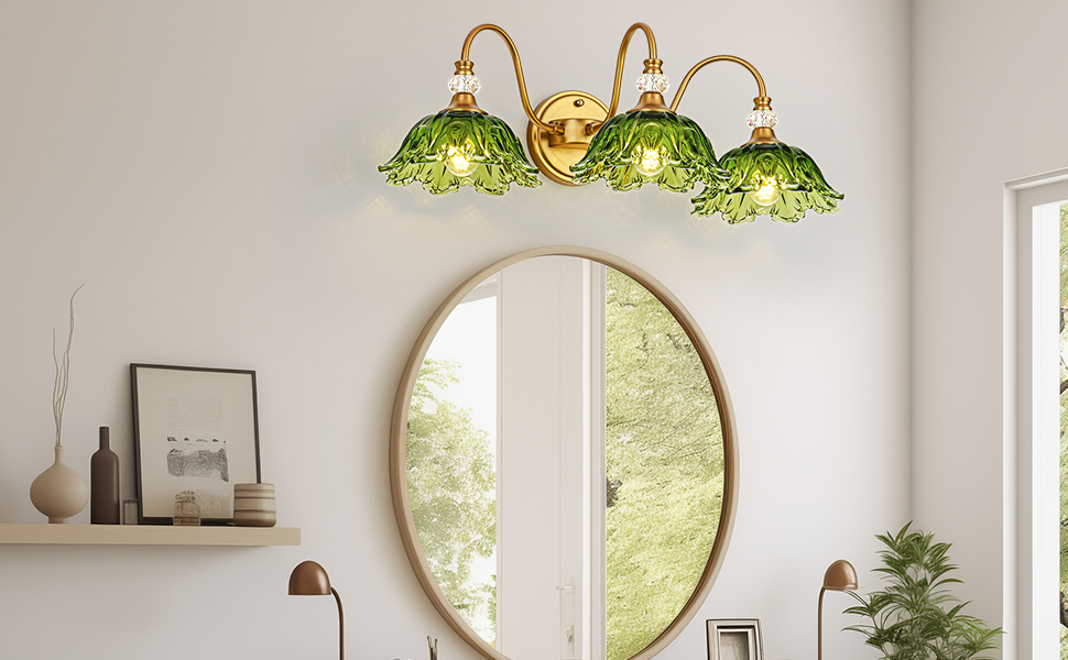Image of Vintage Bathroom Vanity Light, 3-Light Matte Brass Finish Vanity Light with Floral Green Glass Shades, Retro Wall Sconce for Bathroom, Dressing Table
