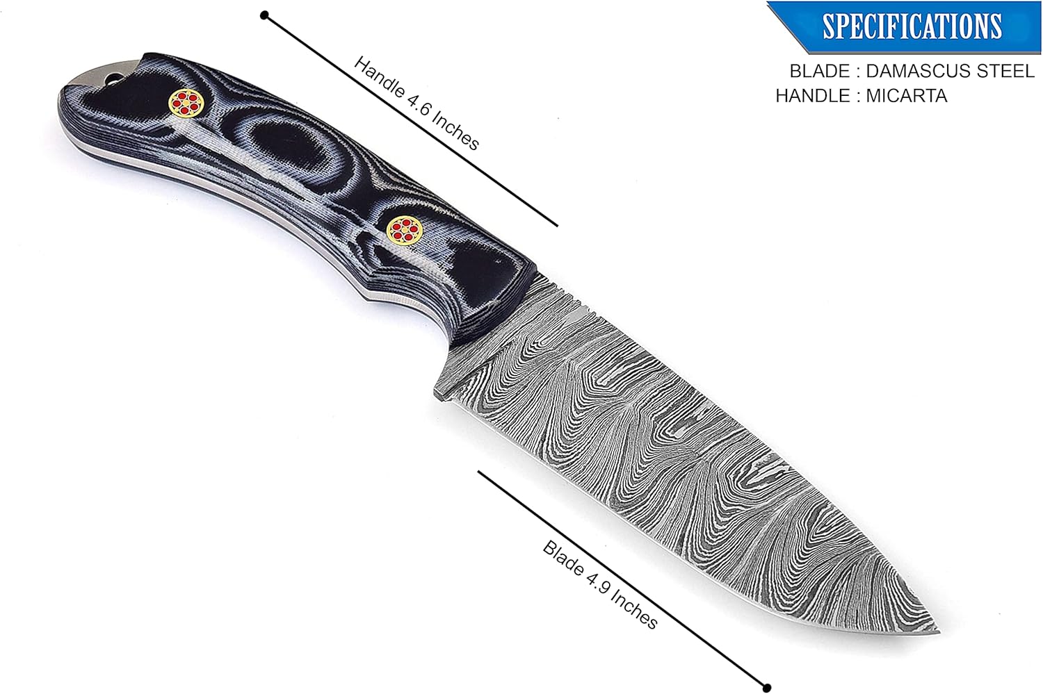 9.5" Overall Length Handmade Damascus Steel Fixed Blade Knife For Hunting, Skinning With Micarta Handle And Leather Sheath M-182