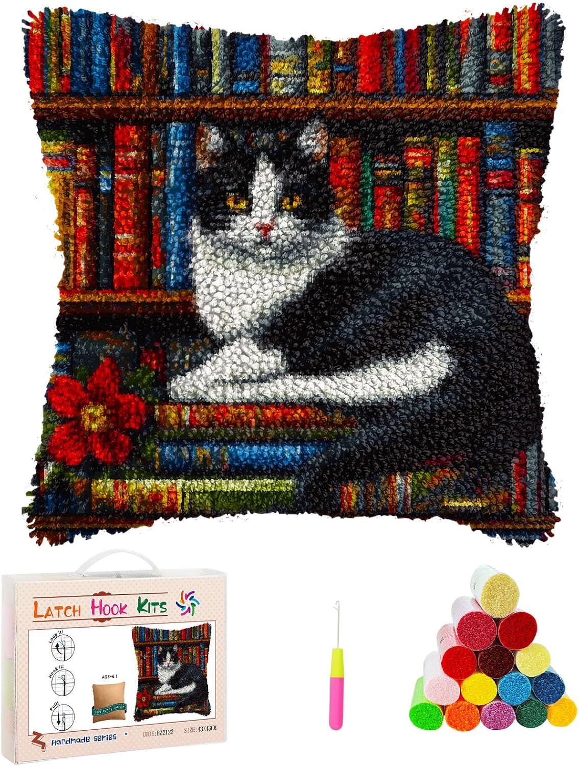 DIY Latch Hook Pillow Cover Kits Black and White Cat on Bookshelf Stampled Handamade Pillowcase Crochet Yarn Hook and Latch Emboridery Throw Pillow for Home Sofa Decor 43x43cm(4)
