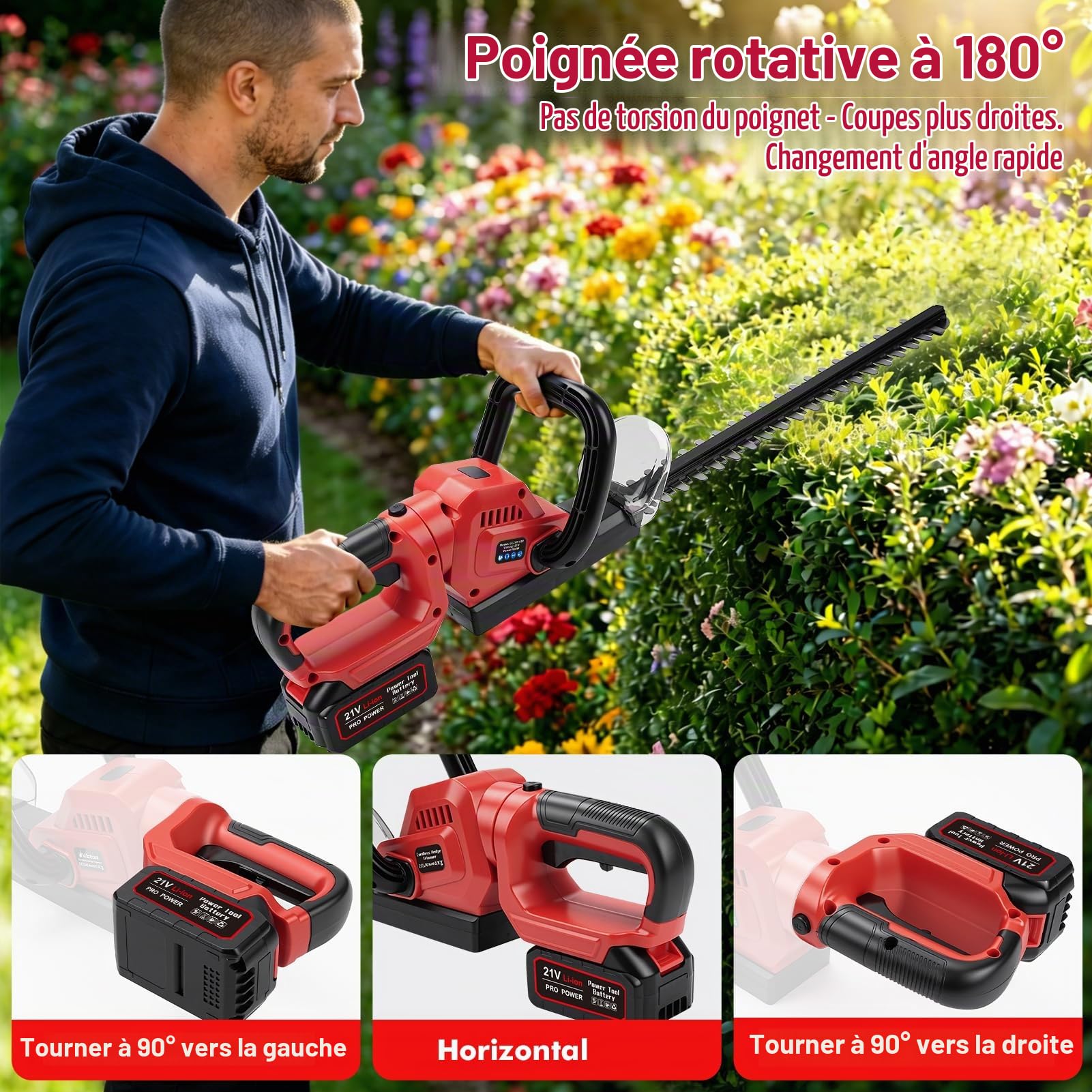 Taille Haie sans Fil 21 V avec Batterie 3000 mAh et Chargeur, Longueur de Coupe 56 cm, Écartement des Dents 18 mm, Lame Sk5 Double Tranchant, Taille-Haie Électrique pour Haies, Arbustes et Jardins