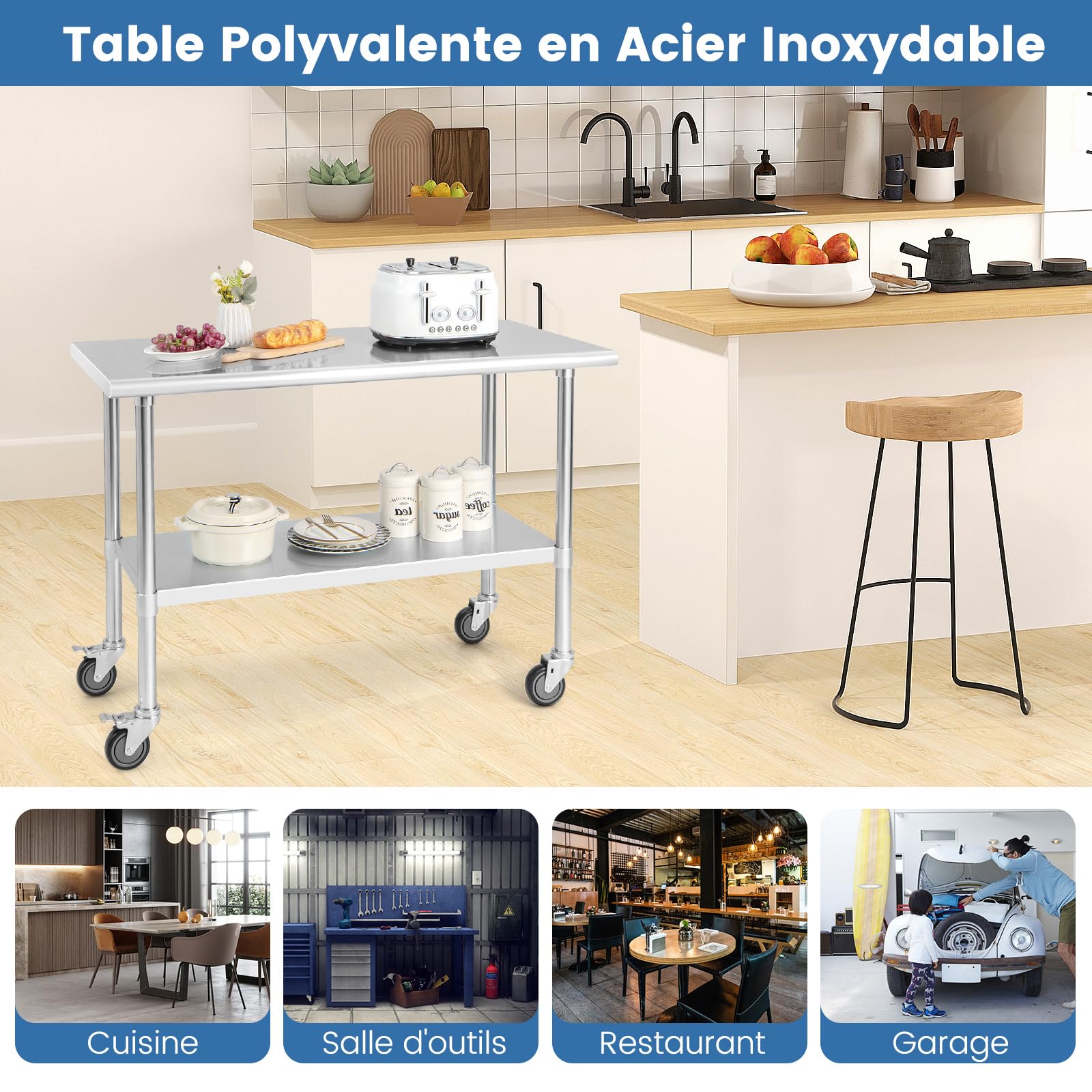 COSTWAY Table de Travail Cuisine 61 x 122 cm, en Acier Inoxydable à 2 Niveaux 2 Roues Verrouillables, Plateau Inférieure Réglable, Charge 250 kg, Extérieur/Intérieur pour Cuisine, Restaurant, Jardin